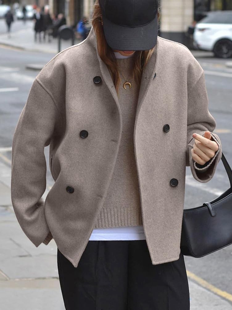 Cappotto Donna Invernale Giacca in Lana Giacche Corte Oversize Maniche Lunghe Colletto Rialzato con Doppio Pulsante Cappotti con Tasche Trench-Coat
