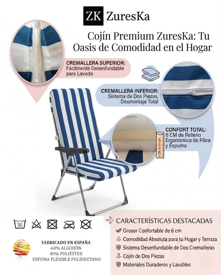 Cojines Sillas Jardin con Respaldo 120x50 (6 cm Grosor Espuma Alta Densidad). Cojines Hamacas. Cojines Sillas Terraza. Cojines Exterior. (2, Rayas_Azul)