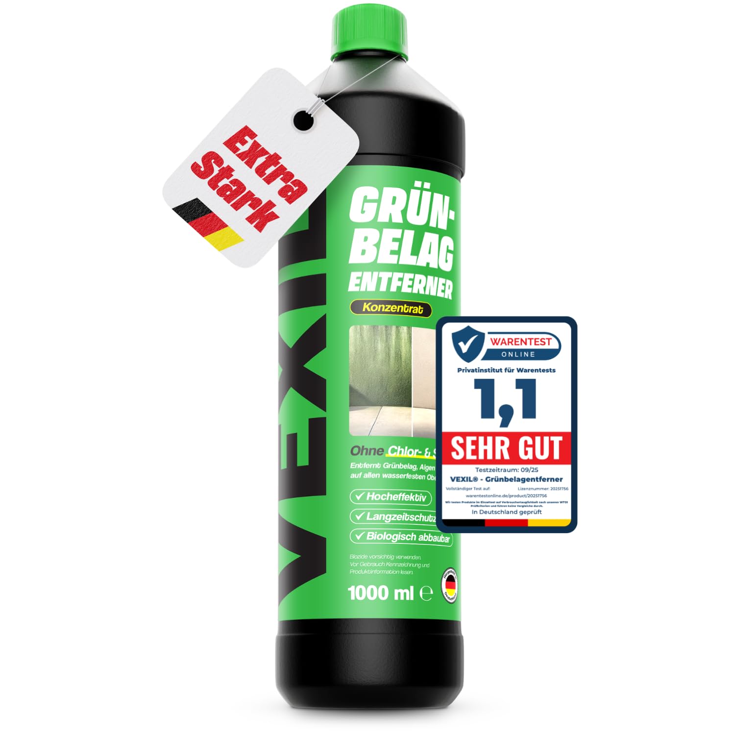 VEXIL® Grünbelagentferner Konzentrat – entfernt Algen, Moos, Pilze & Flechten – für Stein, Holz, Wände, Markissen und mehr – 1L für bis zu 100 m² – frei von Chlor & Säuren – Made in Germany