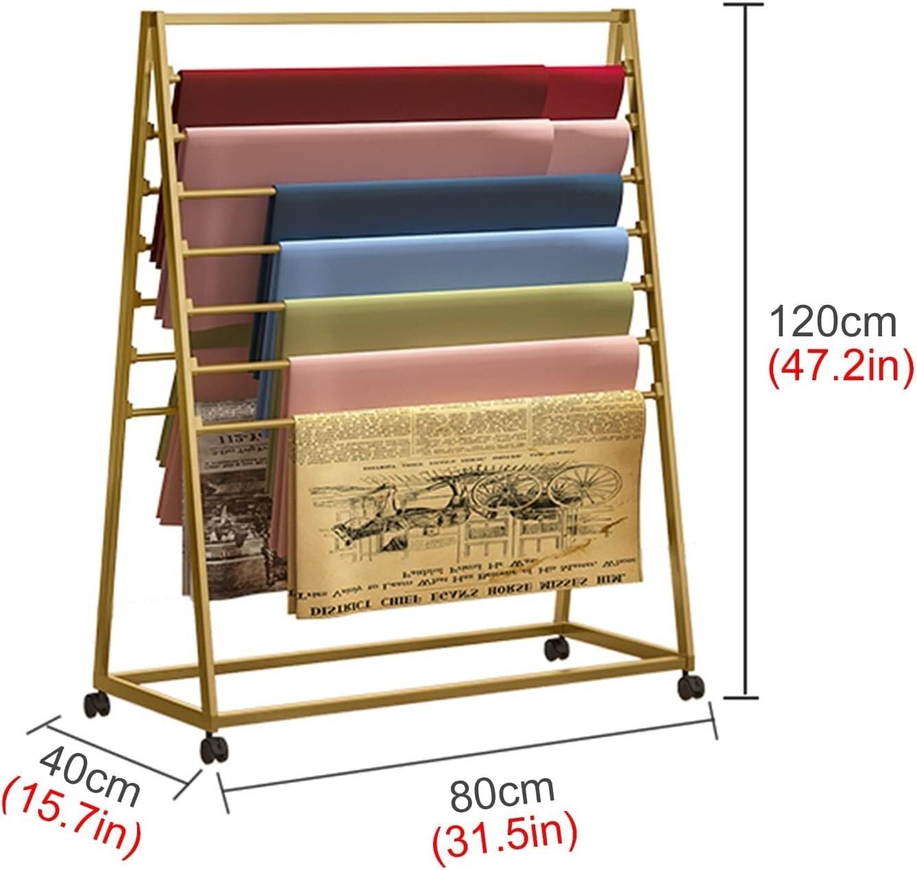 Ruchomy metalowy stojak wystawowy z kółkami, dwustronny organizer do przechowywania dla sklepów i pomieszczeń rzemieślniczych(Gold,80x40x120cm)