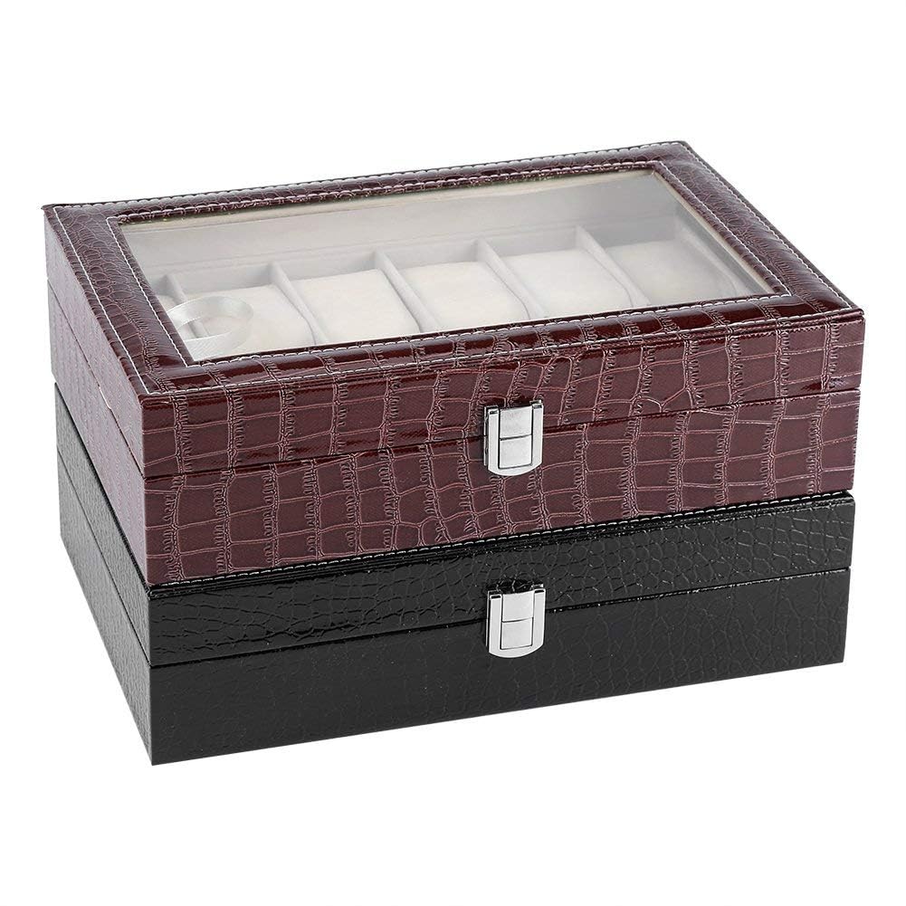 Fdit Grande boîte à montres en cuir synthétique à 12 emplacements pour montres et bijoux - Avec couvercle en verre et verrou en métal - Pour homme et femme (noir)