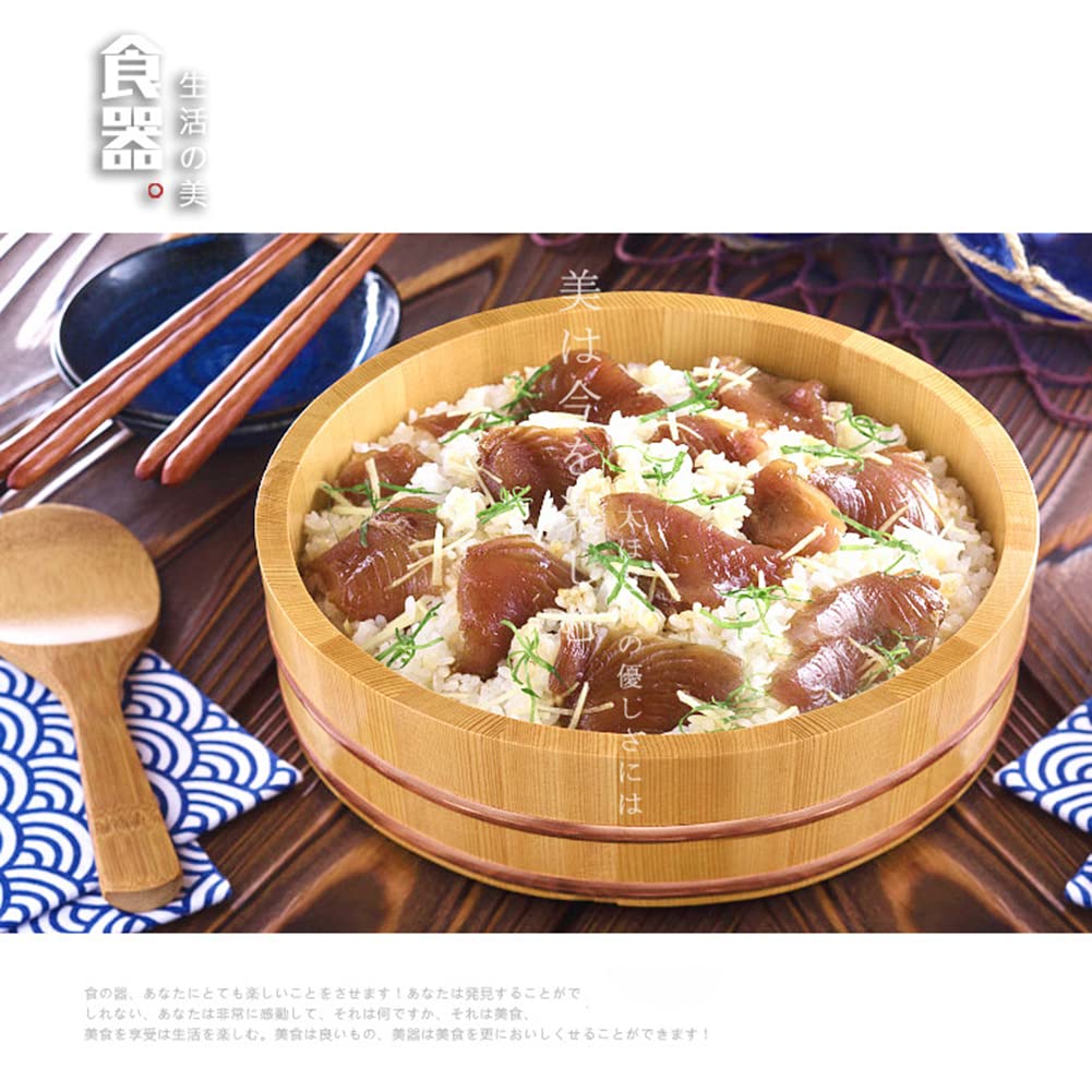 Adima Drewniana miska do mieszania ryżu Hangiri sushi do japońskiej restauracji sushi dom kuchnia sushi oke miedziane taśmy, 12 rozmiarów - drewno sosnowe, 36 x 9 cm