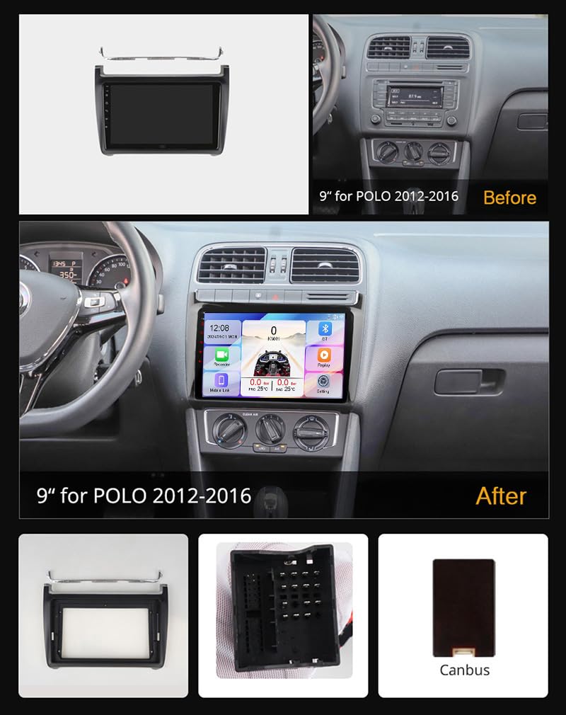 Radio samochodowe Android 15 2 DIN, 9-calowy ekran dotykowy, auto stereo do Polo 2012-2016, odtwarzacz MP5 z Bluetooth CarPlay i Android Auto/radio FM AM RDS/sterowanie z kierownicy, 8 rdzen