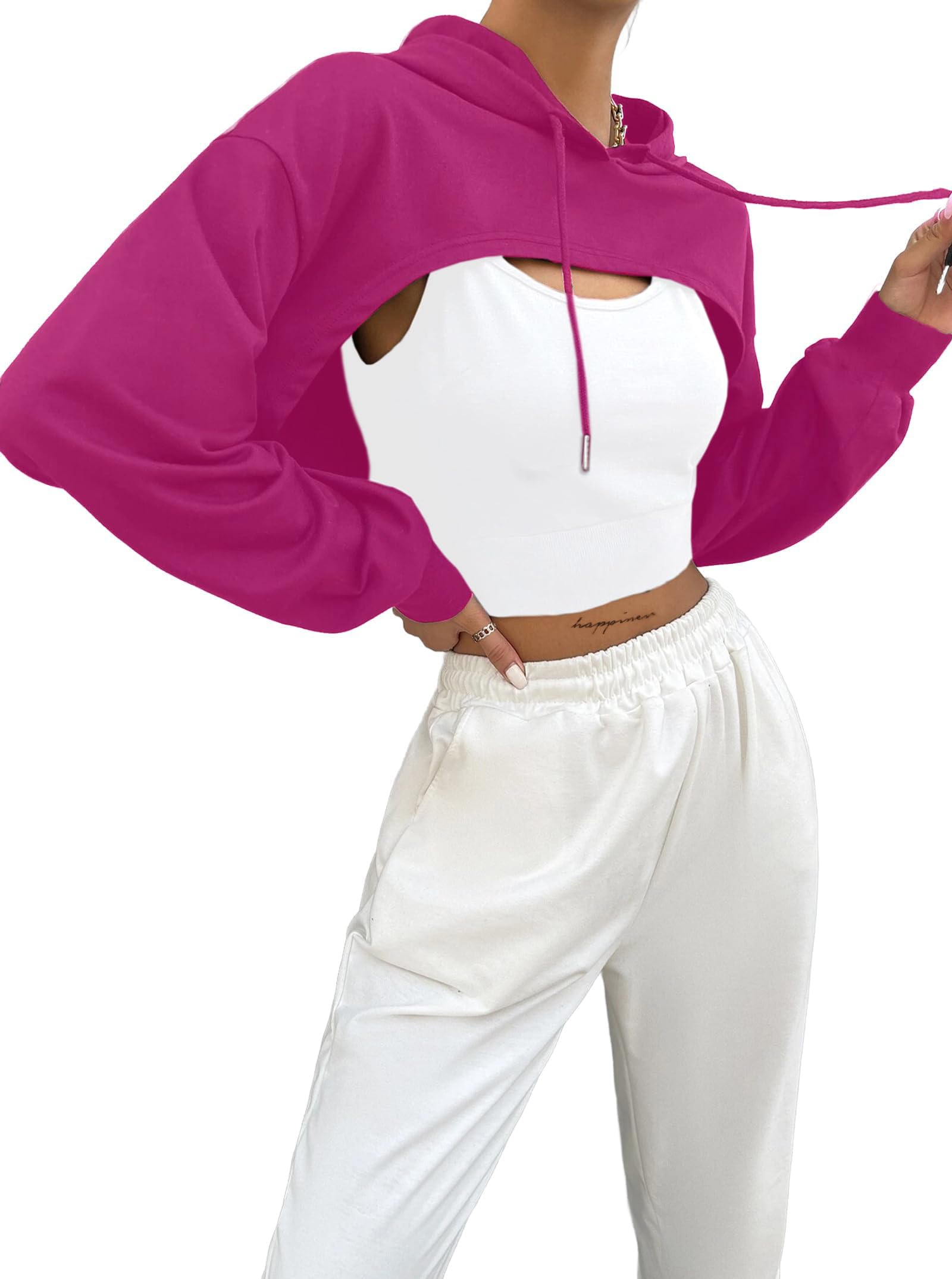 Hilinker Women's Long Sleeve Cropped Hoodie Workout Drawstring Super Crop Tops without Camisole: Small Hot Pink