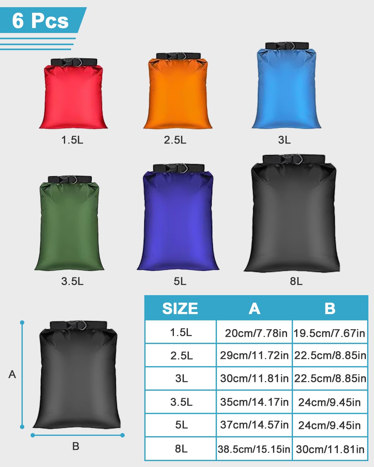 Jissta 6 Pcs Sac Étanche Léger 1.5/2.5/3/3.5/5/8L,Sac à Sec Imperméables,Étanche Léger et Imperméable Combo Sac à Sec Submersible,pour Cyclisme Kayak Pêche Randonnée Campin Couleur Mixte