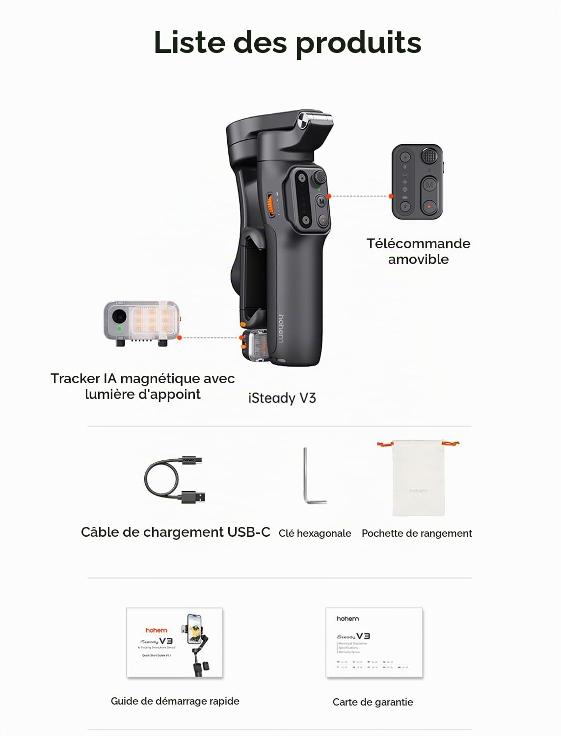 hohem iSteady V3 Gimbal-Stabilisator für Smartphone, AI-Tracker, magnetisches Fülllicht, abnehmbare Fernbedienung, integrierte Stativ-Verlängerungsstange, verbesserter