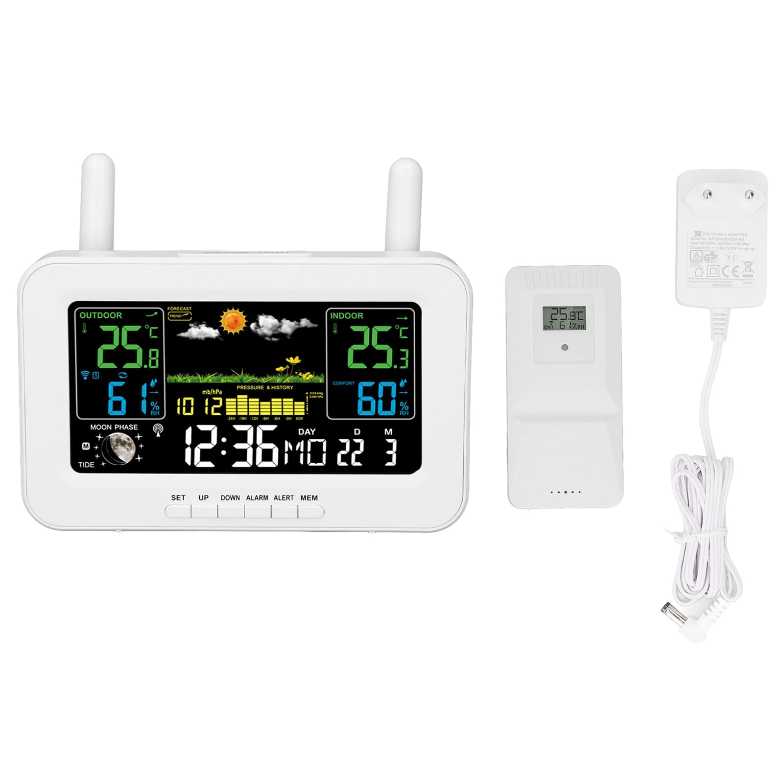 Temperatura y Humedad Interior y Exterior Fáciles de Leer, Alertas Personalizables, Hora, Fecha, Alarma, Repetición de Alarma, Fase Lunar, Presión Barométrica, índice de (Enchufe
