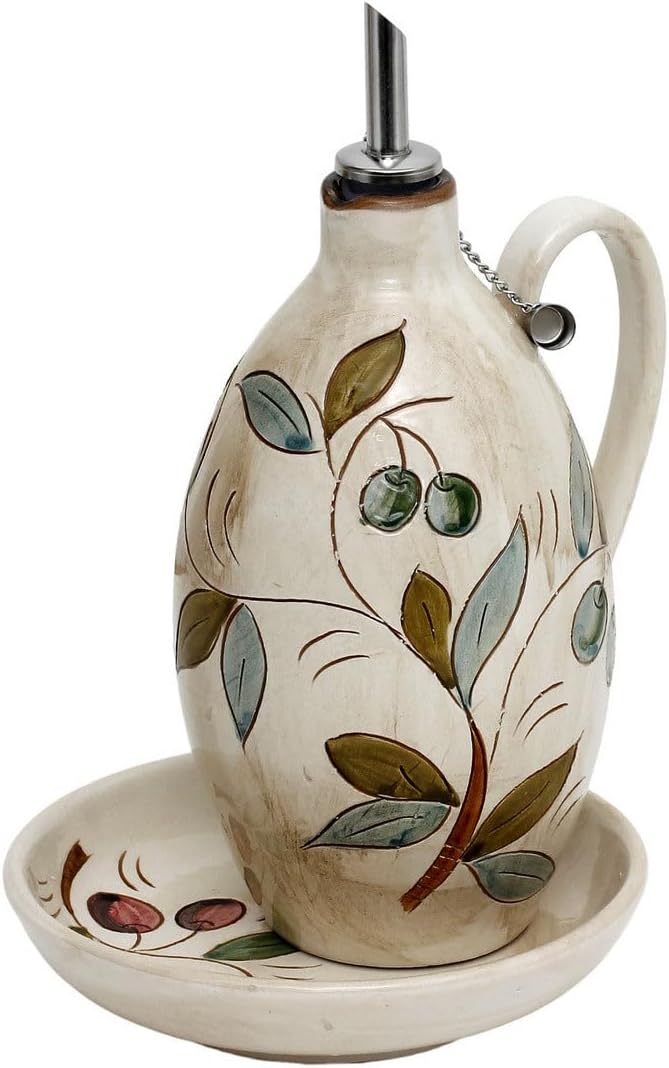 OLIVE COLORI: Olive Oil Bottle Dispenser + Saucer/Dipping Bowl - Handpainted in Italy. Shipped from the USA with Certificate of Authenticity.