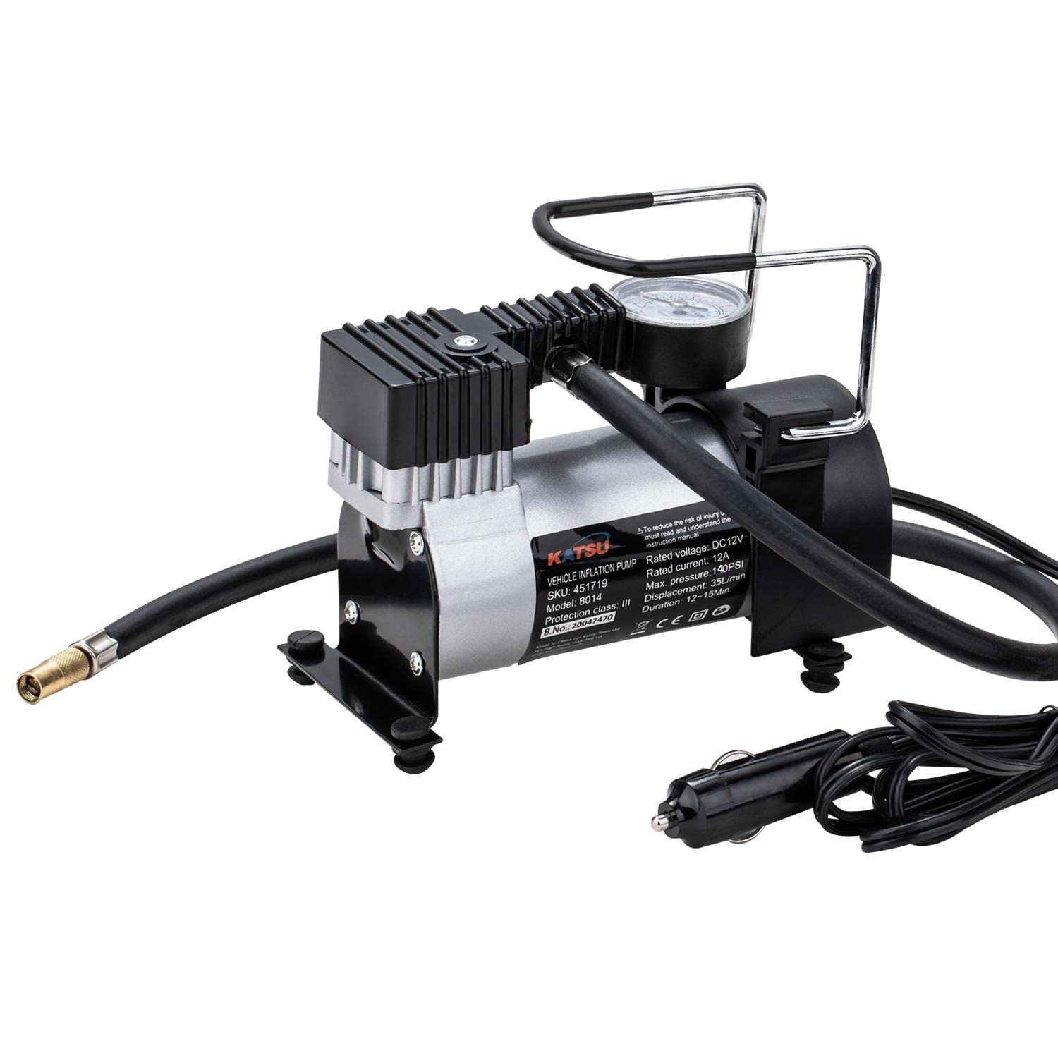 KATSU Compressore portatile auto pompa 12V DC 14A 150PSI per pneumatici per auto, furgoni, 4x4 + 3 adattatori ugelli + 4 valvole + 4 coperture in alluminio