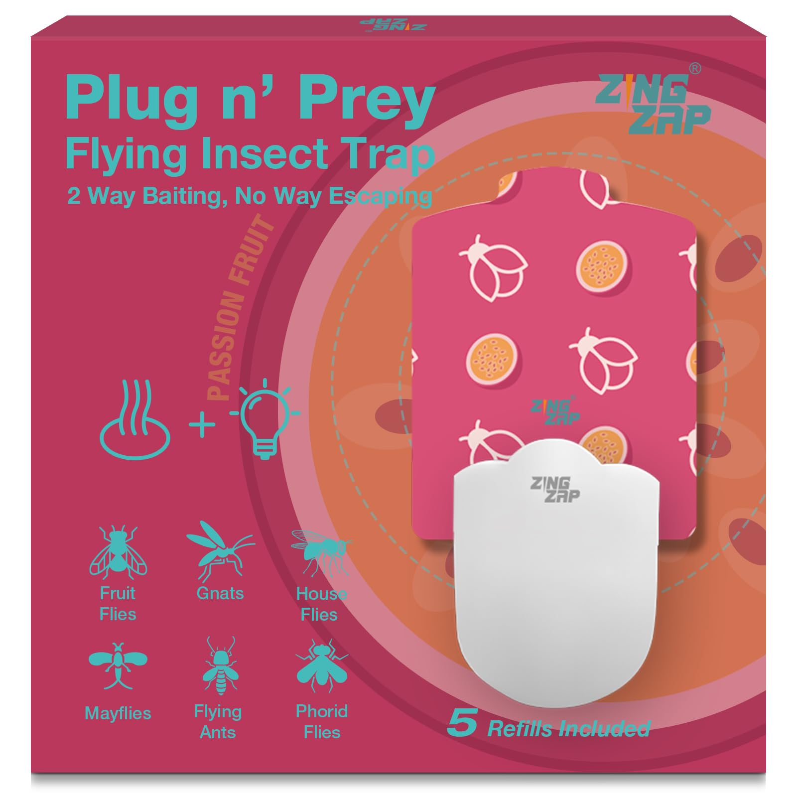 ZingZap Flying Insect Trap Indoor, Plug & Prey Dual-Baiting Fly Traps with Passion Fruit Scent & Blue Light, 2X More Effective Catch, House Flies,
