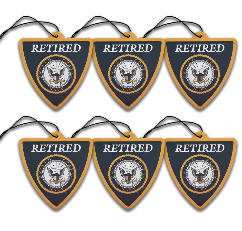Image of Elektroplate Retired US Navy Crest Car Air Freshener 6-Pack | Officially Licensed, Long-Lasting Arctic Patrol Scent, Vivid Naval Shield Graphics, Versatile Hanging Design
