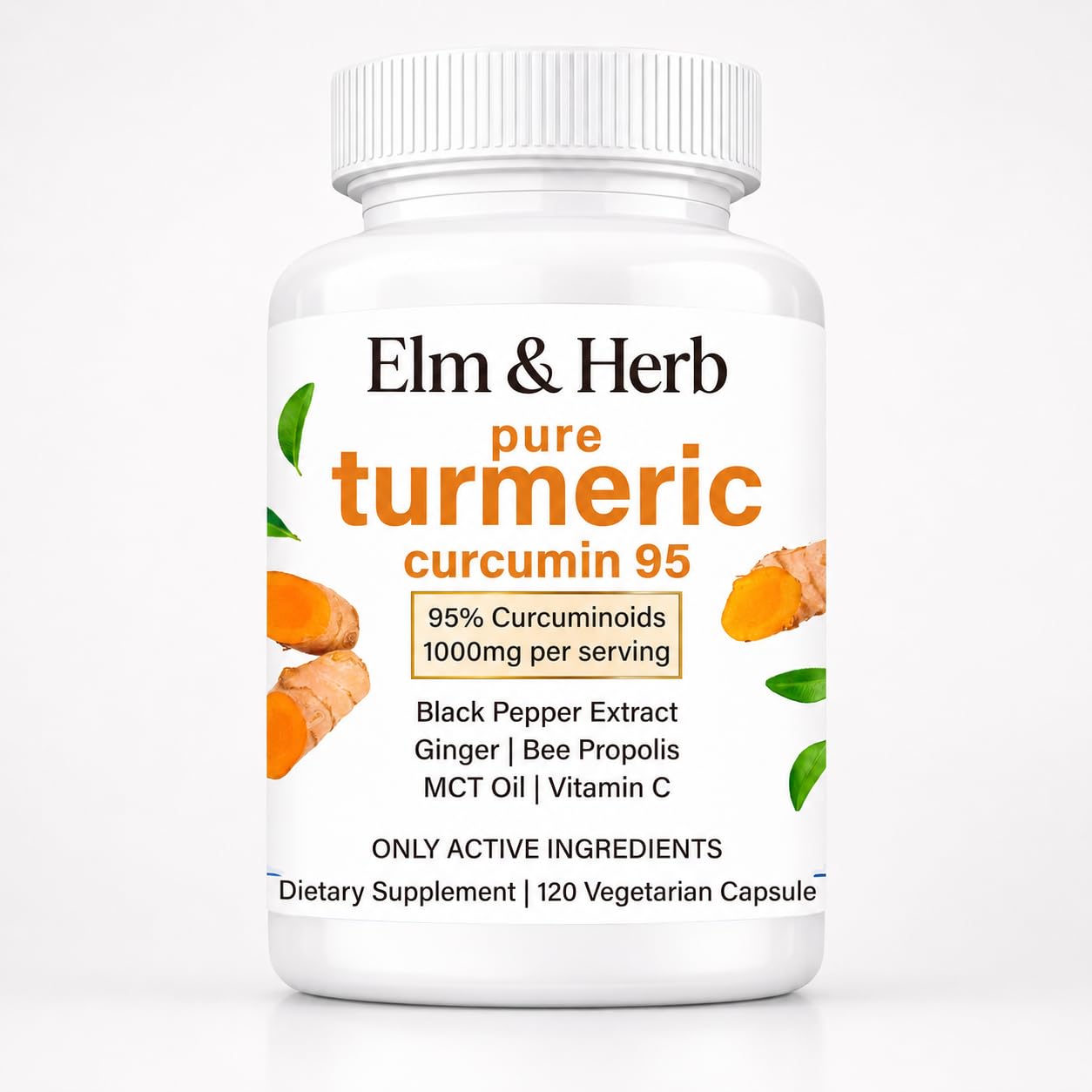 Elm & Herb Pure Turmeric Curcumin Supplement 1,000mg | 95% Curcuminoids with Bee Propolis, Ginger, MCT Oil, Fat Soluble Vitamin C, & Black Pepper | Non-GMO, Gluten Free | 120 Capsules