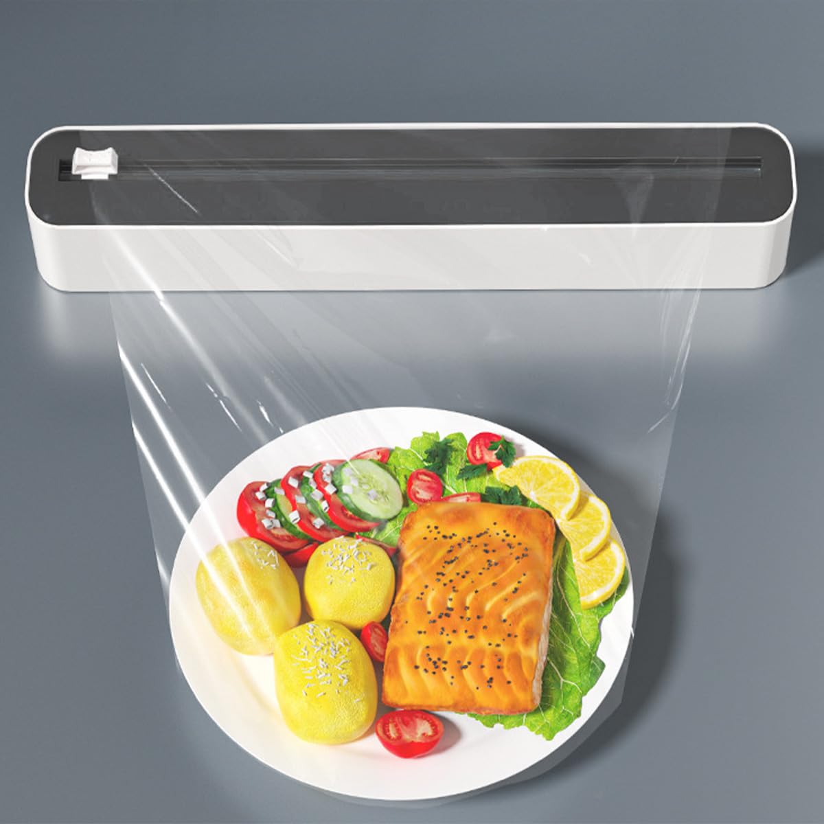 Magnetyczny dozownik folii spożywczej, szary, ulepszony dozownik folii do plastikowej folii aluminiowej, praktyczny organizer do szuflad kuchennych