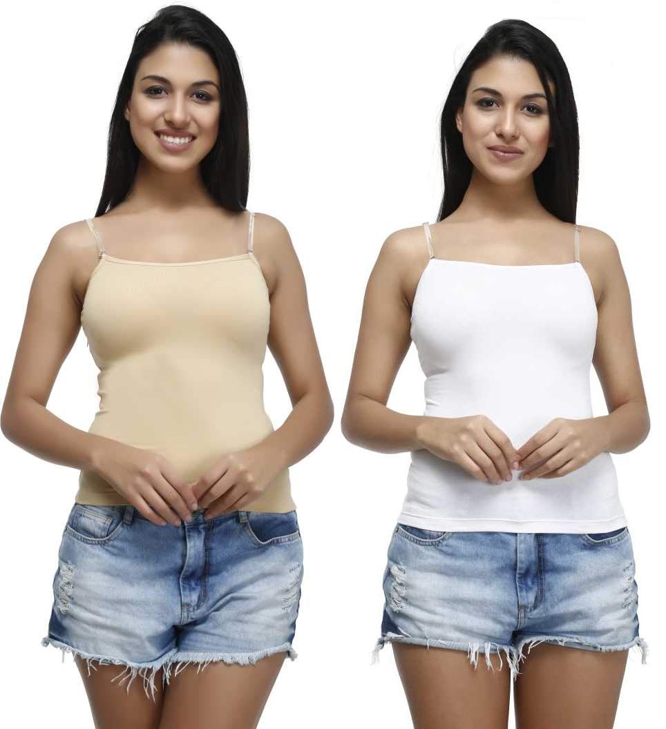 GLAMROOTWomen's Padded Cotton Adjustable Camisole With Built-in Shelf Bra (Pack of 2) Size (30-36)