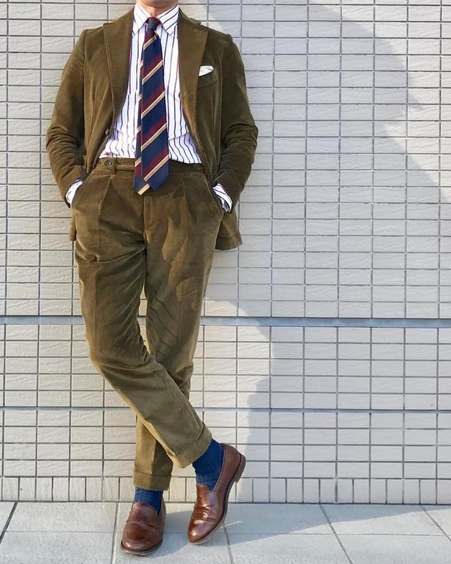 Men's Casual Corduroy Suit 2 Piece Vintage Tuxedo Wedding Two Button Sport Coat Fashion Notch Lapel Blazer Jacket Pants2