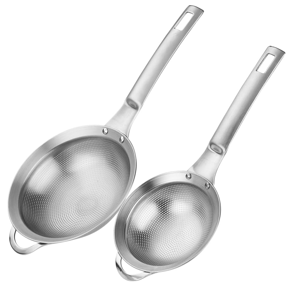 Collfa Punch Hole Sieve Fine Mesh Stainless Steel Small Colander Strainer With Handle Metal Micro Sifter Set of 2 for Kitchen Baking and Food Filter Rice,Tea,Pasta,Flour,Juice,Mini 3.55 and 4.33 Inch