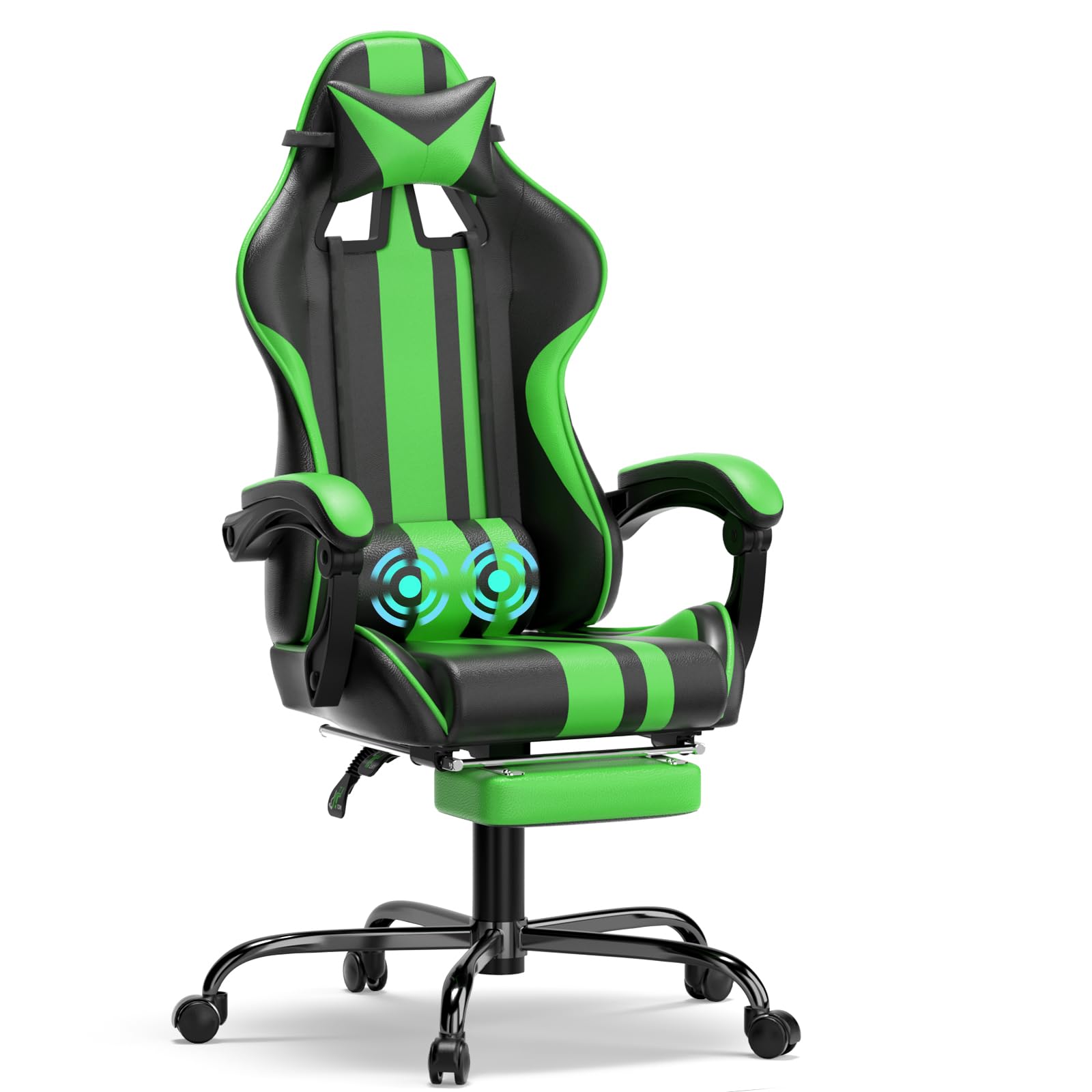 Soontrans Silla Gaming, con Vibración Masaje Zona Lumbar & Reposapies & Soporte de Cabeza, Silla Gaming con Masajeador para Xbox Livestreaming (Verde)