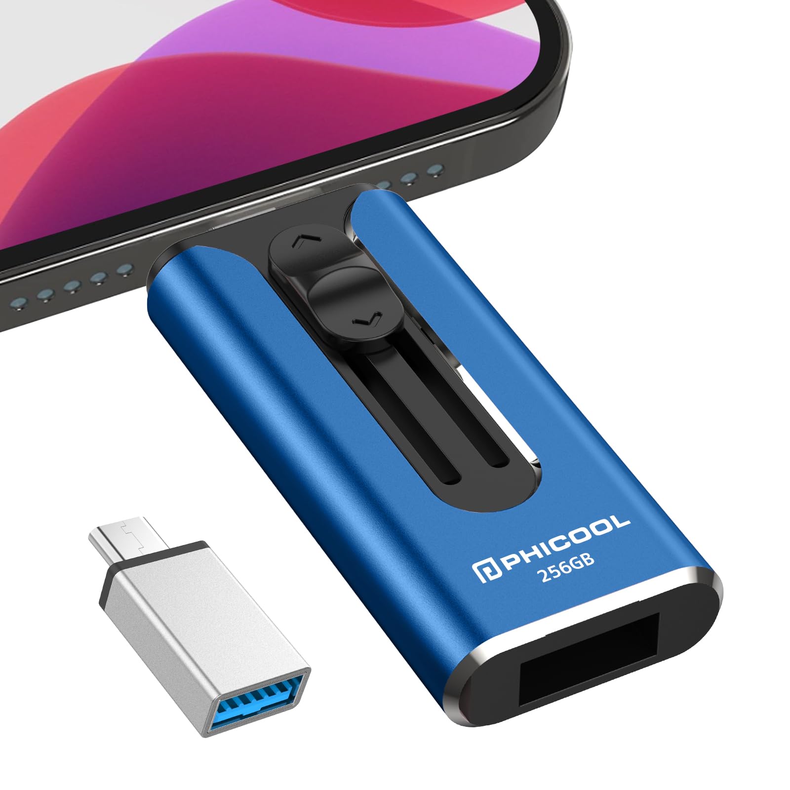 【専用アプリ不要 データ移行簡単】4in1 iPhone対応 USBメモリ256GB phone 写真データ保存 大容量 USB 3.0 スマホ データ移行 usb phone用外付けメモリスライド式 IOS/Android/PC/Mac対応 phoneバックアップ 容量不足解消 ブルー
