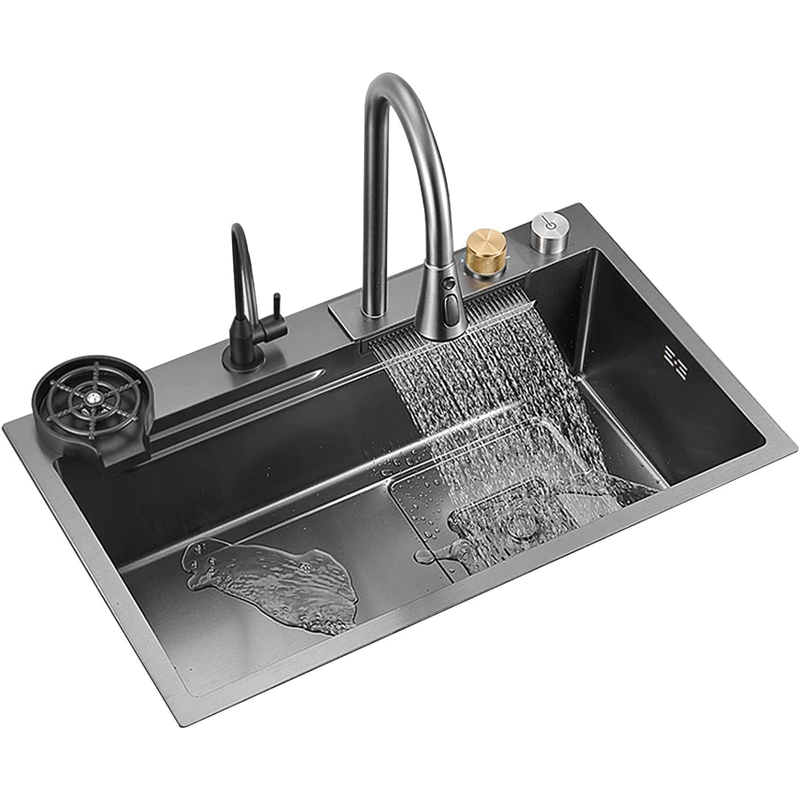 Kitchen Sink Set 304 Stainless Steel Nano Raindance Waterfall Sink Home Sink Vegetable Basin Single Sink Workstation Kitchen Sink With Pull-Out Faucet, Pressurized Cup Washer1(31.5 * 17.7 * 7.9inch?