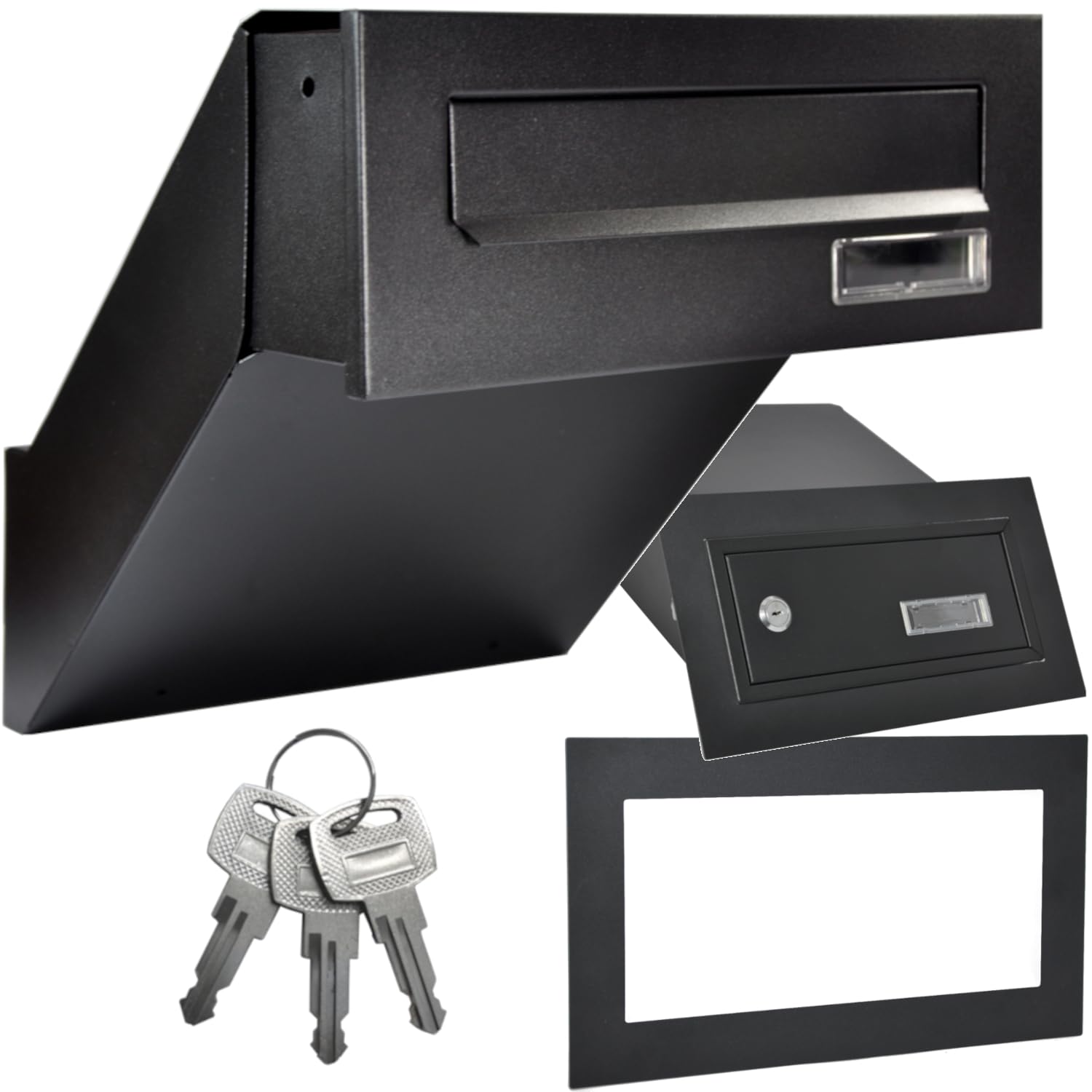 Wall Letter Box Black Matt RAL 9017 with Frame Built-in Letterbox Wall Thickness 260-420 mm Weatherproof Front Panel 285 x 110 mm Sheet Steel Powder Coated A4 Slot with 3 Keys