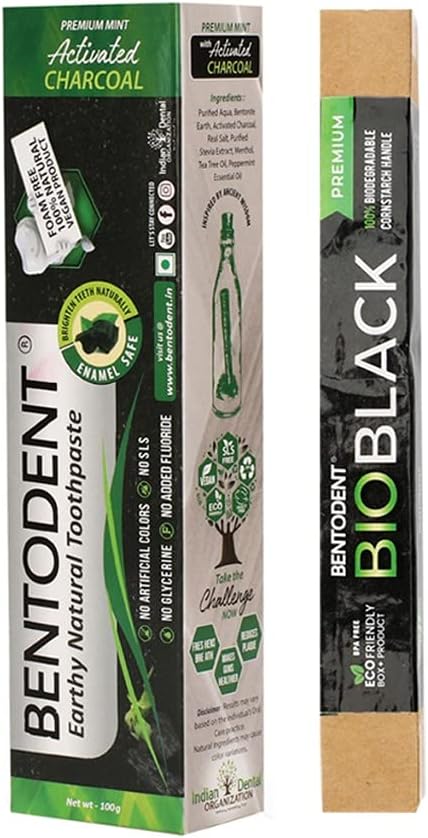 Bentodent Activated Charcoal Whitening Toothpaste With A Soft (Bio Black/or Bio White) Biodegradable Toothbrush, SLS and Fluoride Free, Safe and Certified,Pack of 100 gm
