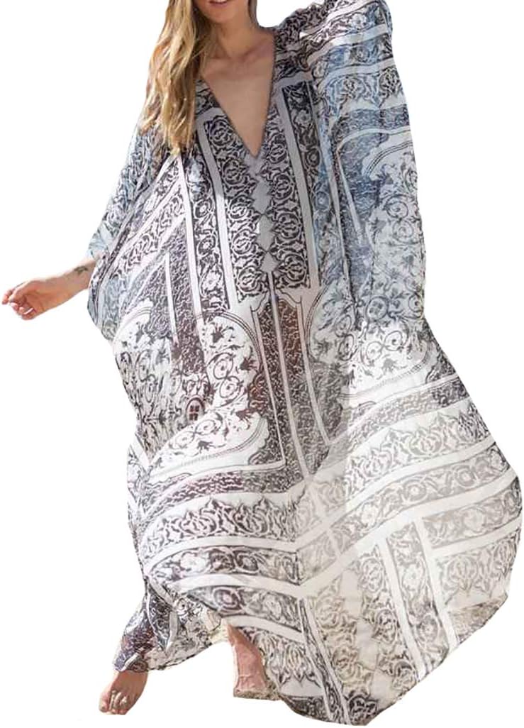 Women's Semi-Sheer Chiffon Long Caftan Lounger Printed Kaftan Dress Bathing Suit Bikini Swimsuit Cover Up Swimwear (Printed B)
