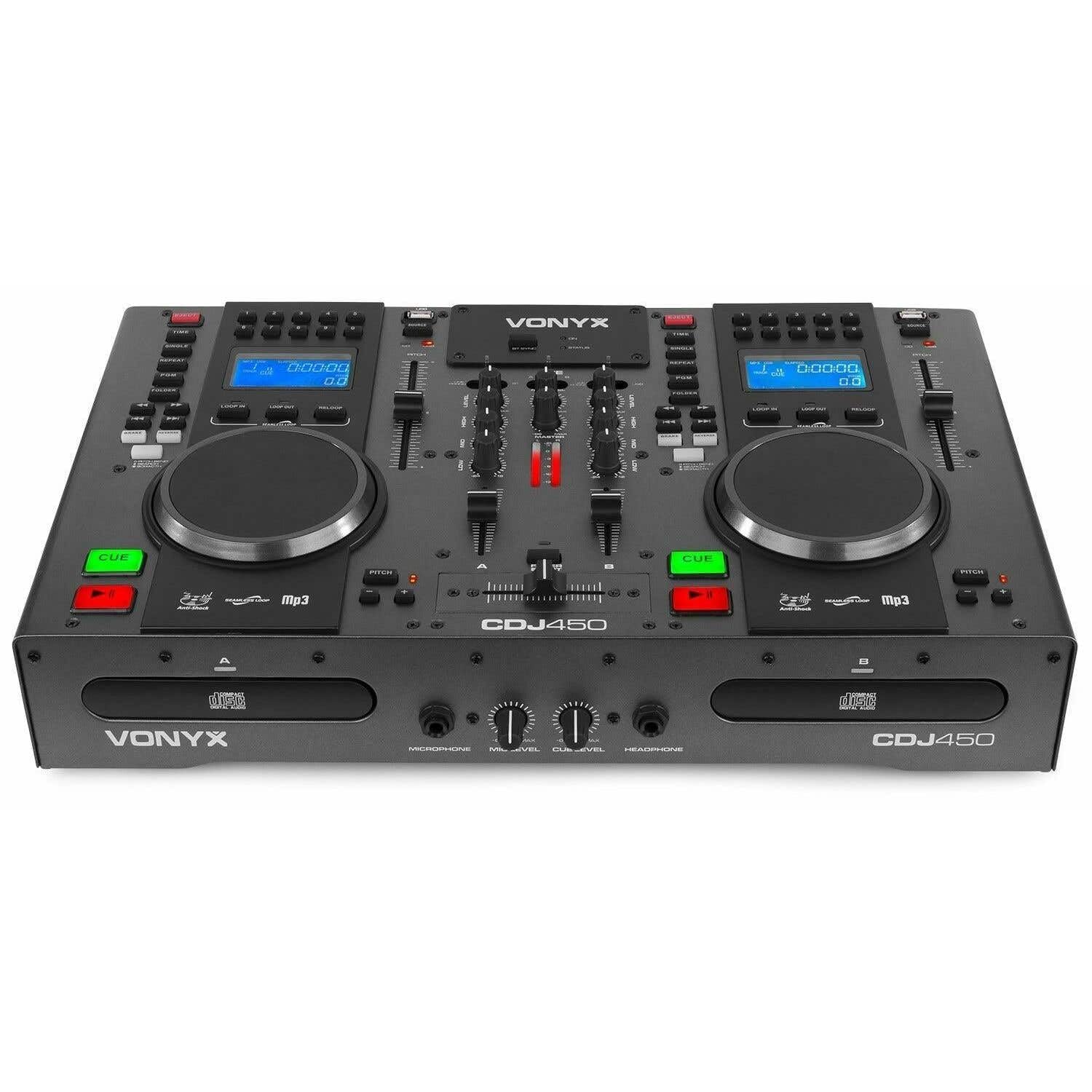 Vonyx CDJ450 - Double Lecteur CD/MP3/USB/Mixeur avec Bluetooth, 2 Canaux, Fonctionnalité Auto-Cue, Molettes Intégrées, Sorties Master et Record, Parfait pour DJ Amateurs ou Professionnels