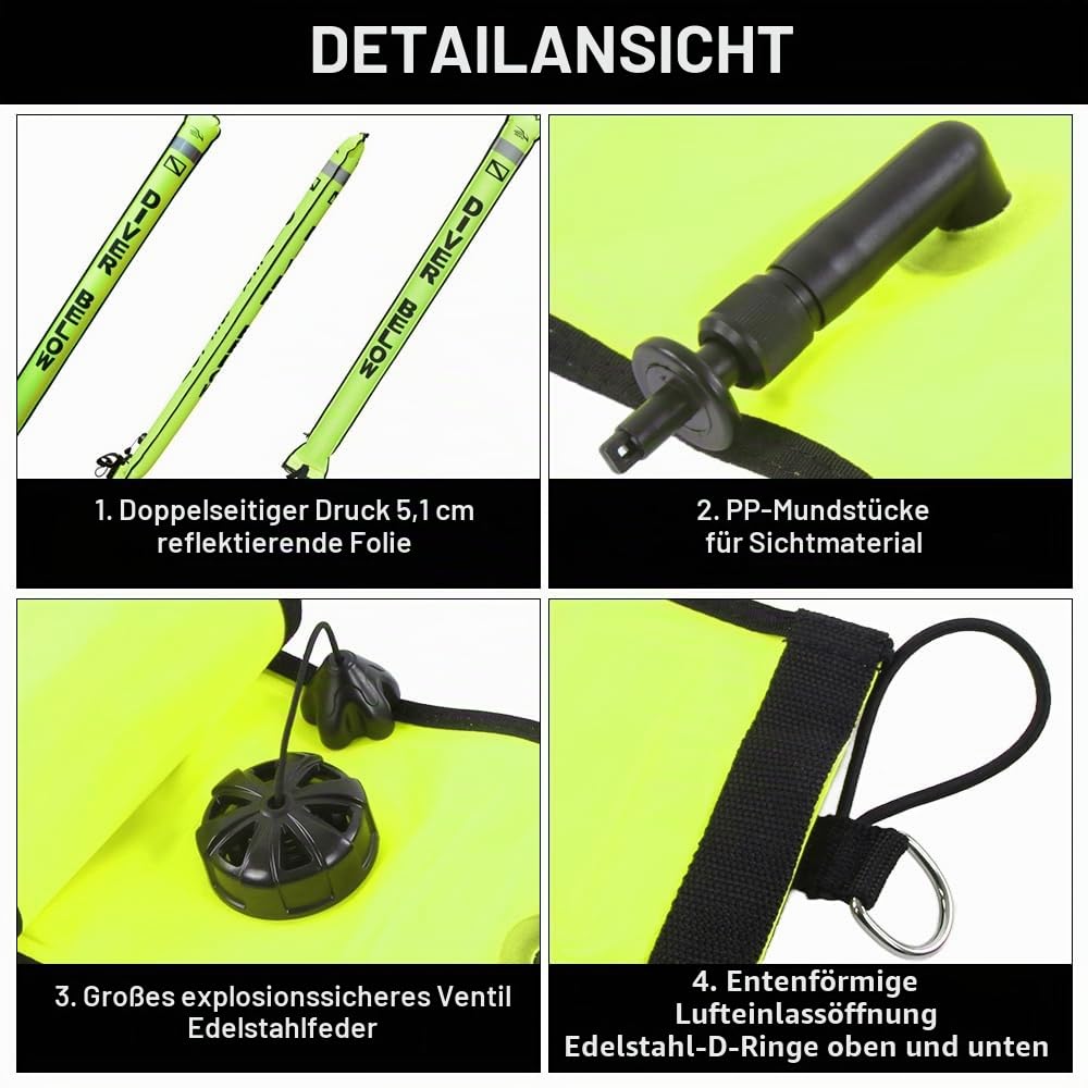 DEWIN Schwimmboje, 120 x 15 cm Aufblasbare Tauchboje mit Überdruckventil, Tauchsignalröhre für Warnung vor Meeresschnorcheln und Tieftauchen, Höchst Sichtbar für Sicherheit