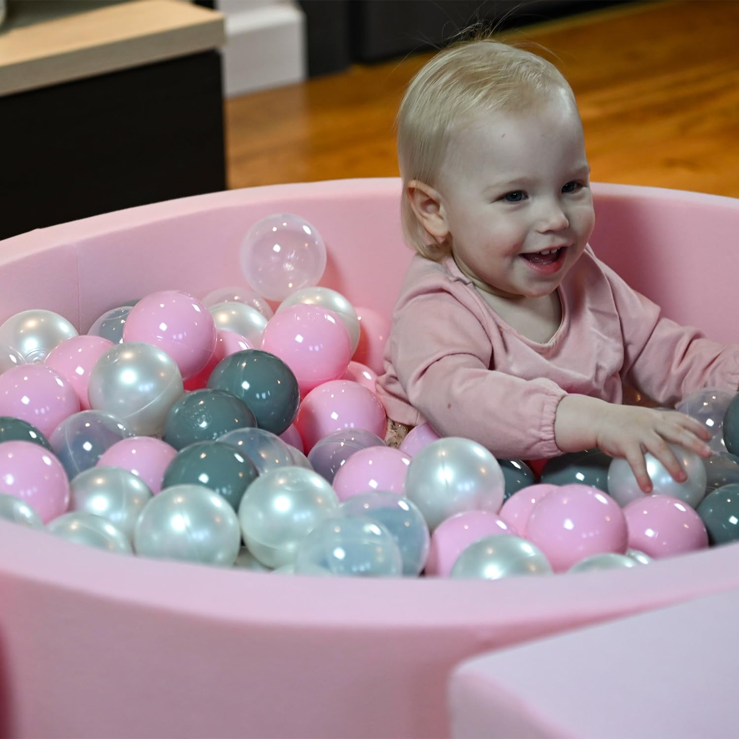 KiddyMoon 90X30cm/200 Bolas ∅ 7Cm Piscina De Bolas para Ninos Hecha En La UE, Rosa:Perla/Gris/Transparente/Rosa Clr