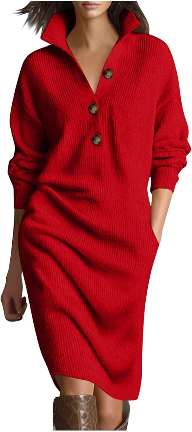 Womens Cable Knit Midi Sweater Dress Button Up Long Sleeve Turtleneck Collared Pullover Solid Tunic Sweater with Pocket