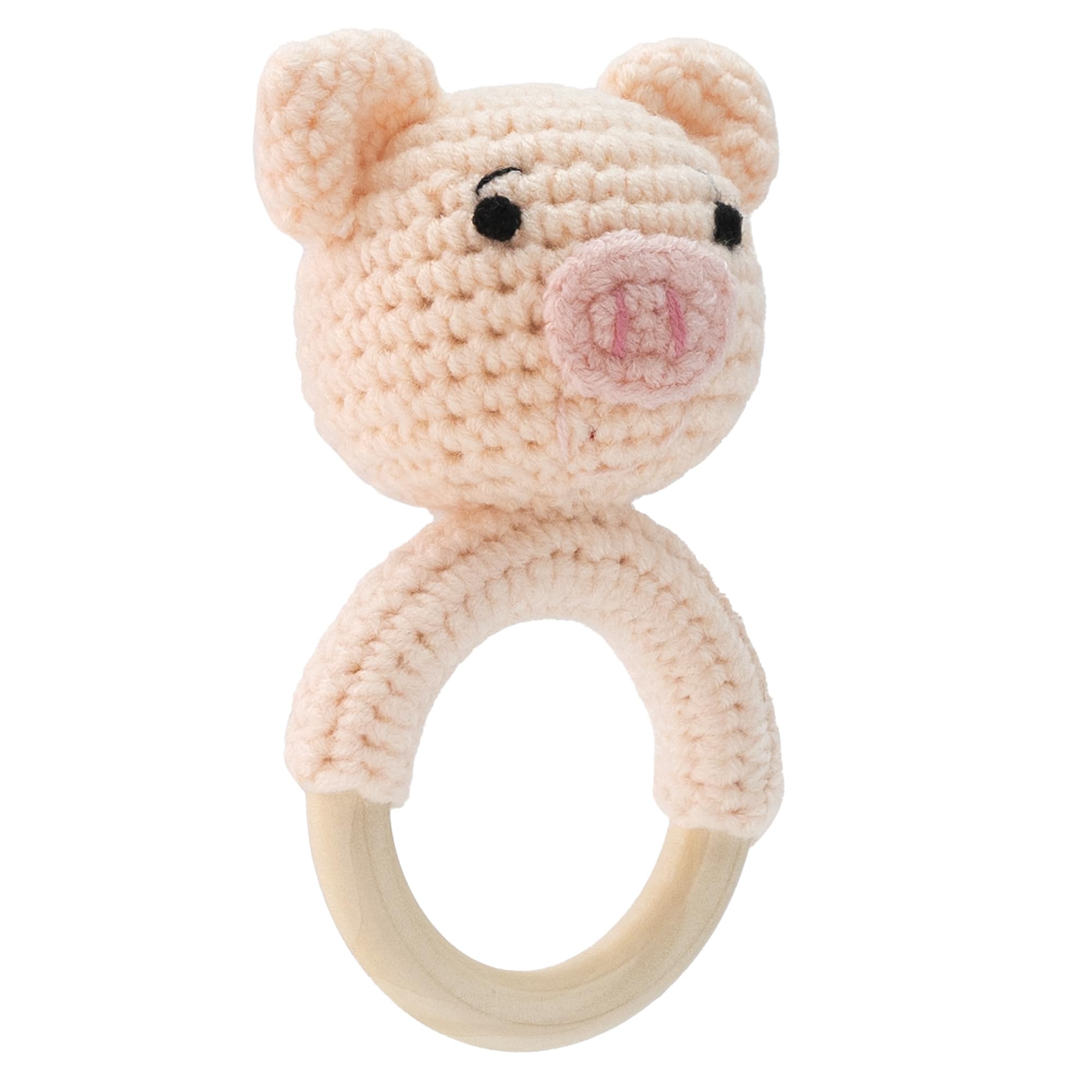 BABYZOCO Sonajero bebe, Sonajero de animal, juguete recién nacido, sonajero madera, regalo para bebe, sonajero bebe recién nacido, mordedor de madera, Algodón y madera,11 cm, Diseño cerdo