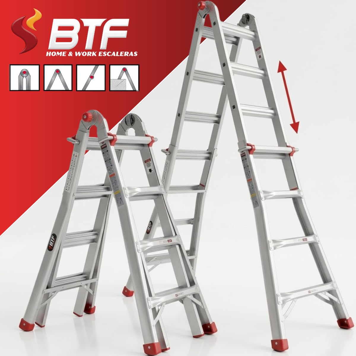 Escalera Telescópica Plegable de Aluminio | Multifuncional en Tijera y Apoyo | Certificación EN131, Carga 150 kg. Ligera, Segura y Portátil para Uso Profesional (4x4PRO)