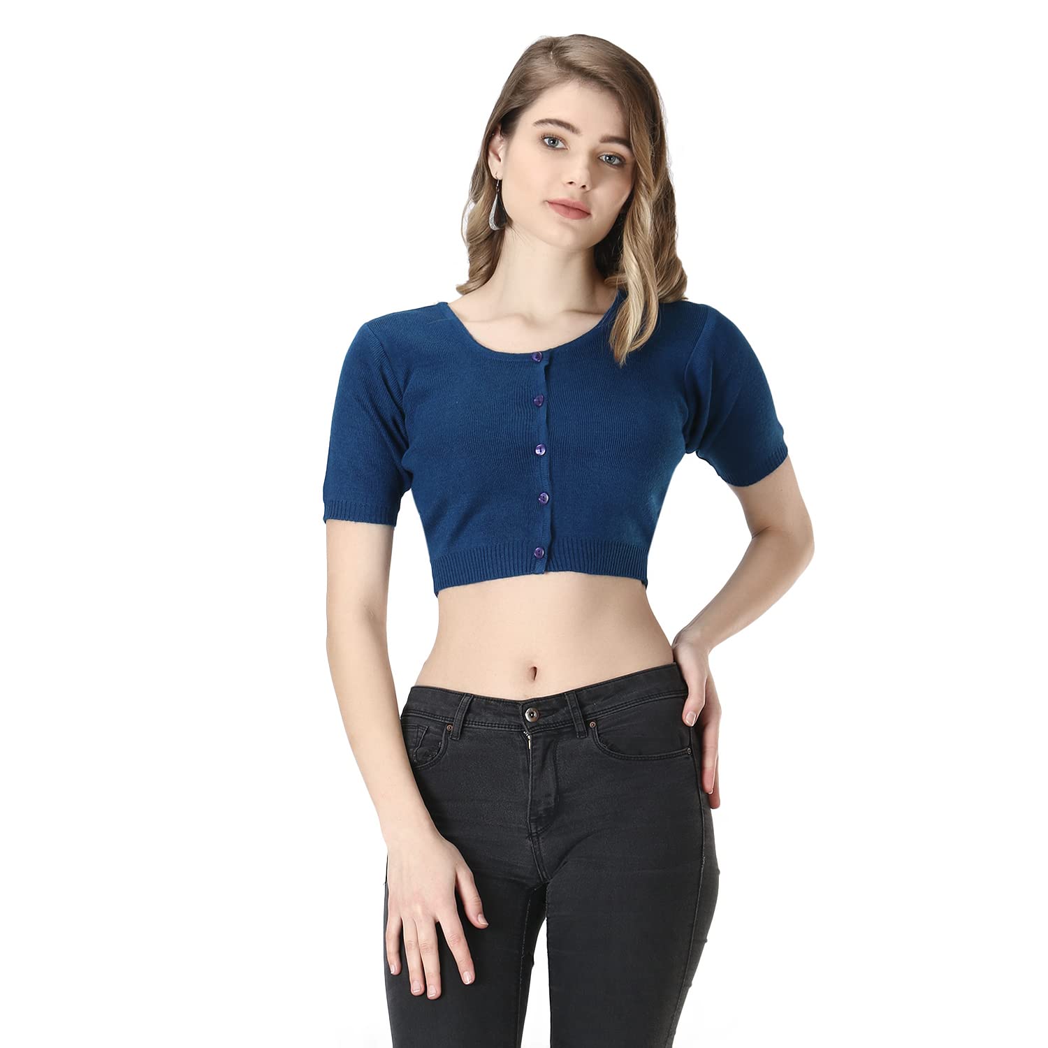 knitco Womens Woollen Half Sleeves Crop Top Sweater Blouse-picture-10