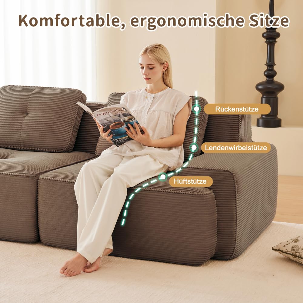 Sapgaks Canapé d'angle Convertible,canapé Convertible 2-4 Places,canapé à Compression modulaire,Rembourrage en éponge Haute densité 32D,Tissu Velours côtelé (Marron, 3 Seats + 2 footrests)