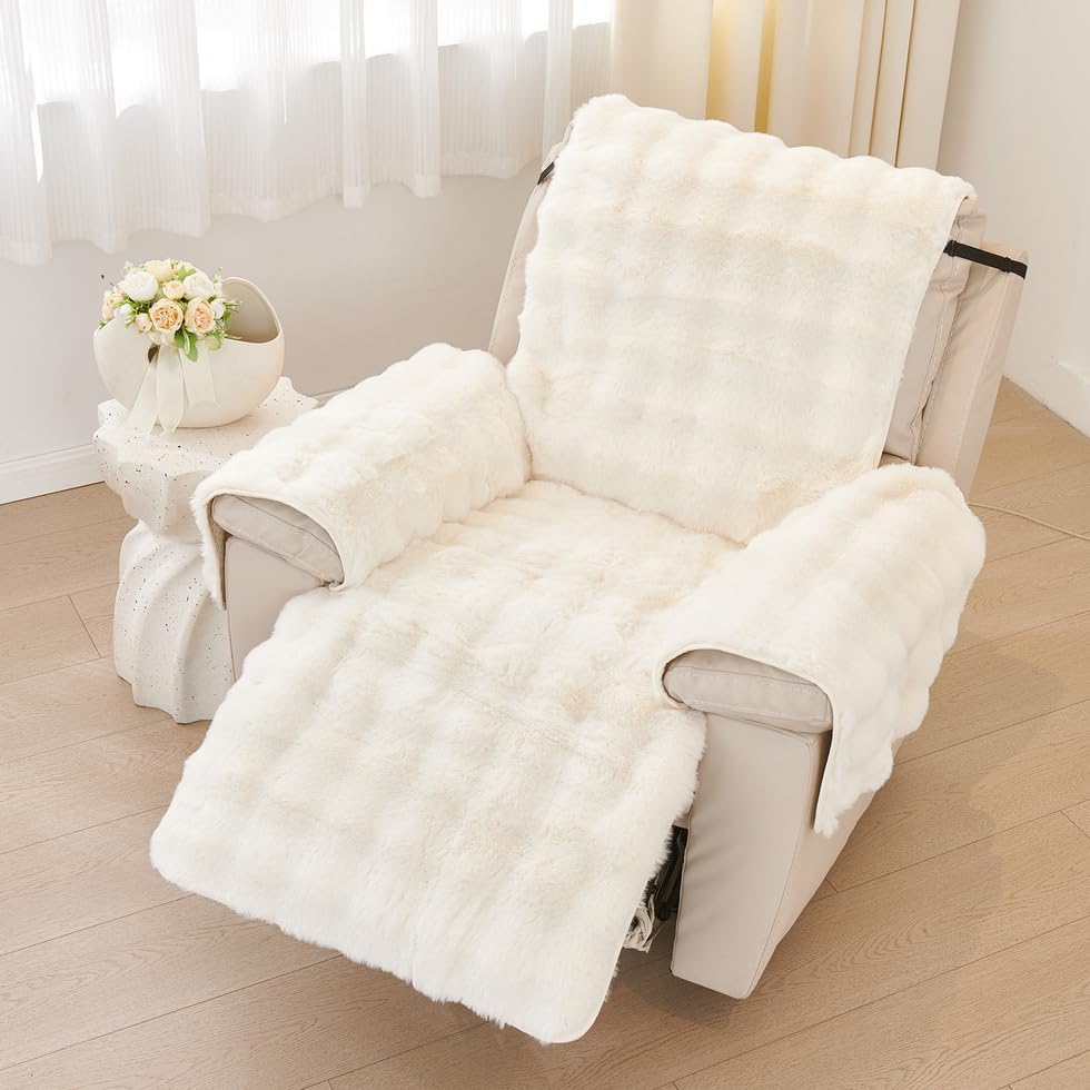 ROOMLIFE Faux Fur Fluffy Recliner Chair Slipcover Faux Rabbit Fur Sofa Cover, Soft Non-Slip Dog Chair Cover Furniture Protector Washable with Pocket, Elastic Straps for Pets, Kids (White 23.6"X 91")