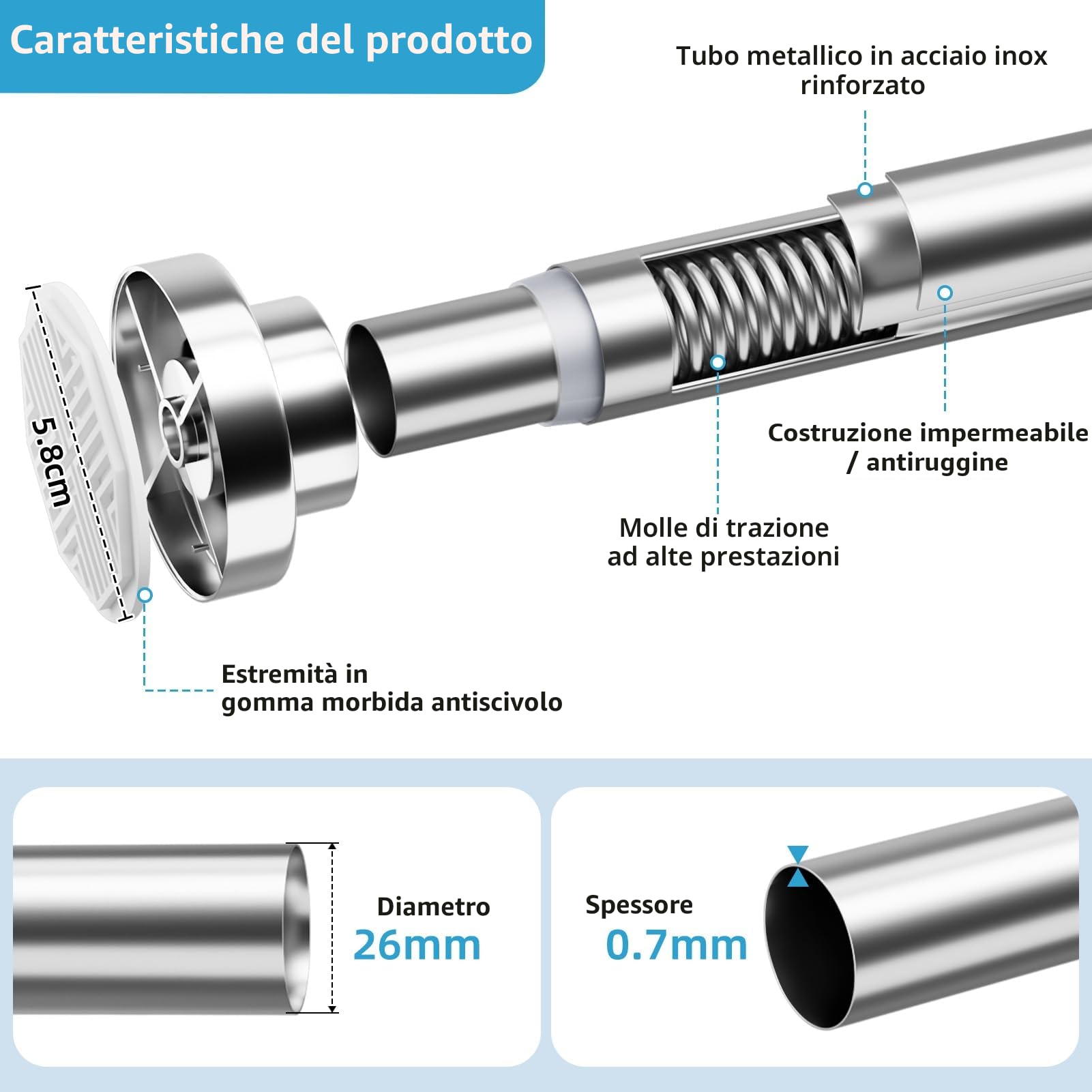 Asta per tenda da doccia senza fori in acciaio inox, asta telescopica allungabile, antiruggine e antiscivolo, asta regolabile da 70 a 195 cm, ideale per bagno, finestra, guardaroba