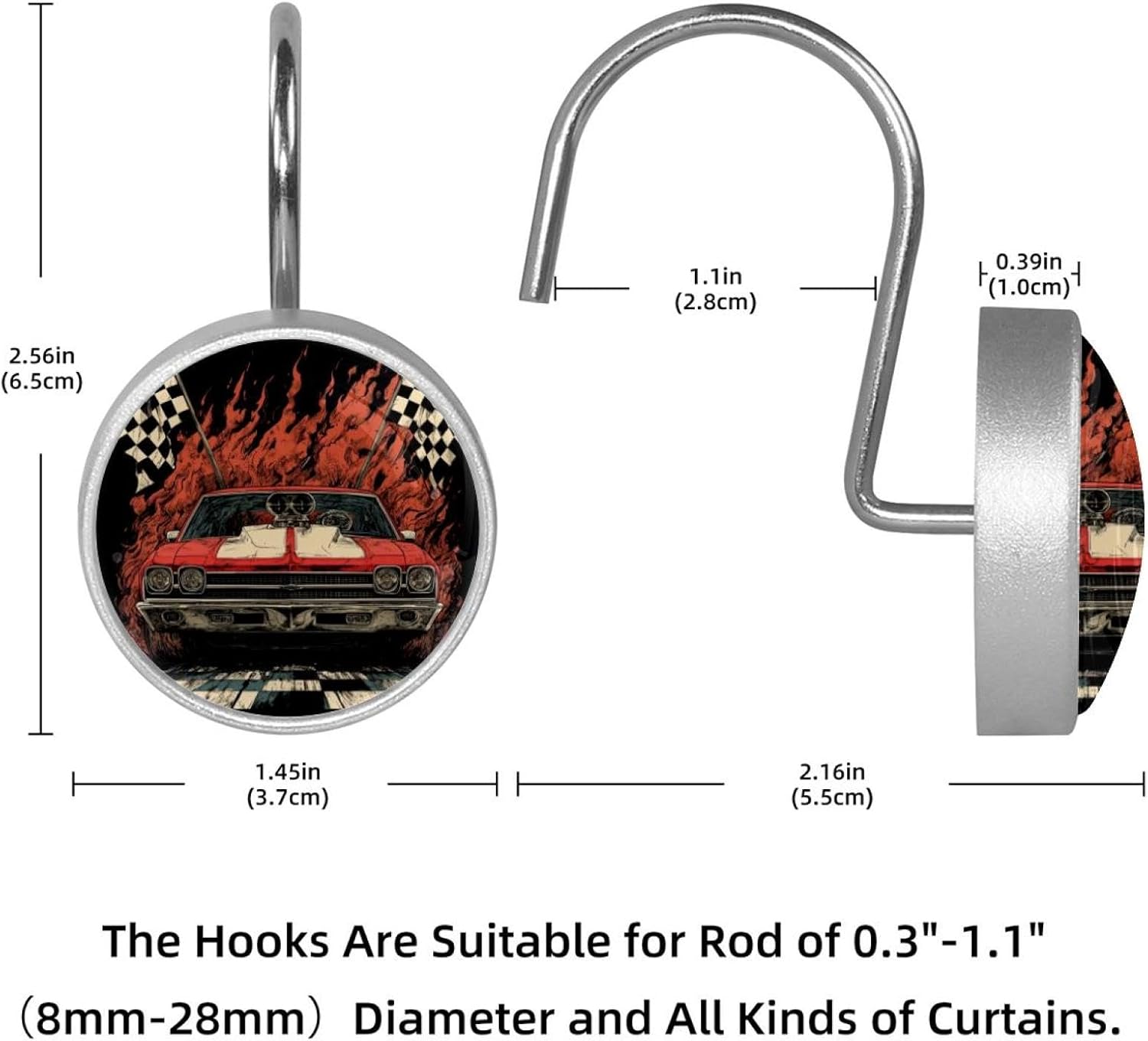 12 Pack Race Car (3) Shower Curtain Hooks, Stainless Steel Decorative Shower Curtain Rings for Bathroom, Rust Proof Shower Curtain Hangers for Curtains Rods
