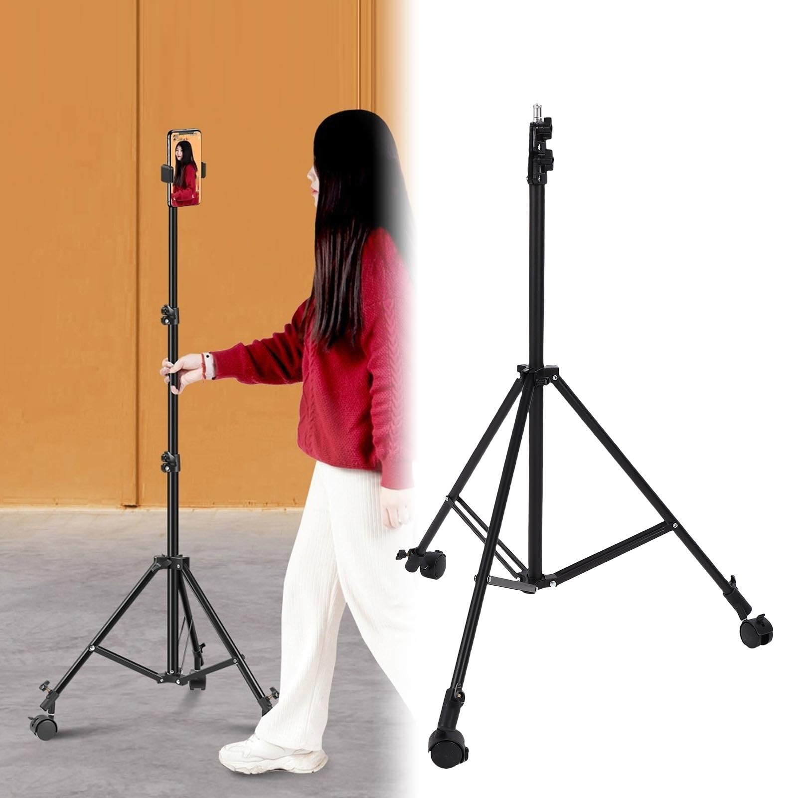 Tangxi Statyw Fotograficzny z Kółkami, Składany Teleskopowy do Fotografii | Light Tripod Stand with Casters, for Live Streaming Video Recording, 3 Wheel Brakes