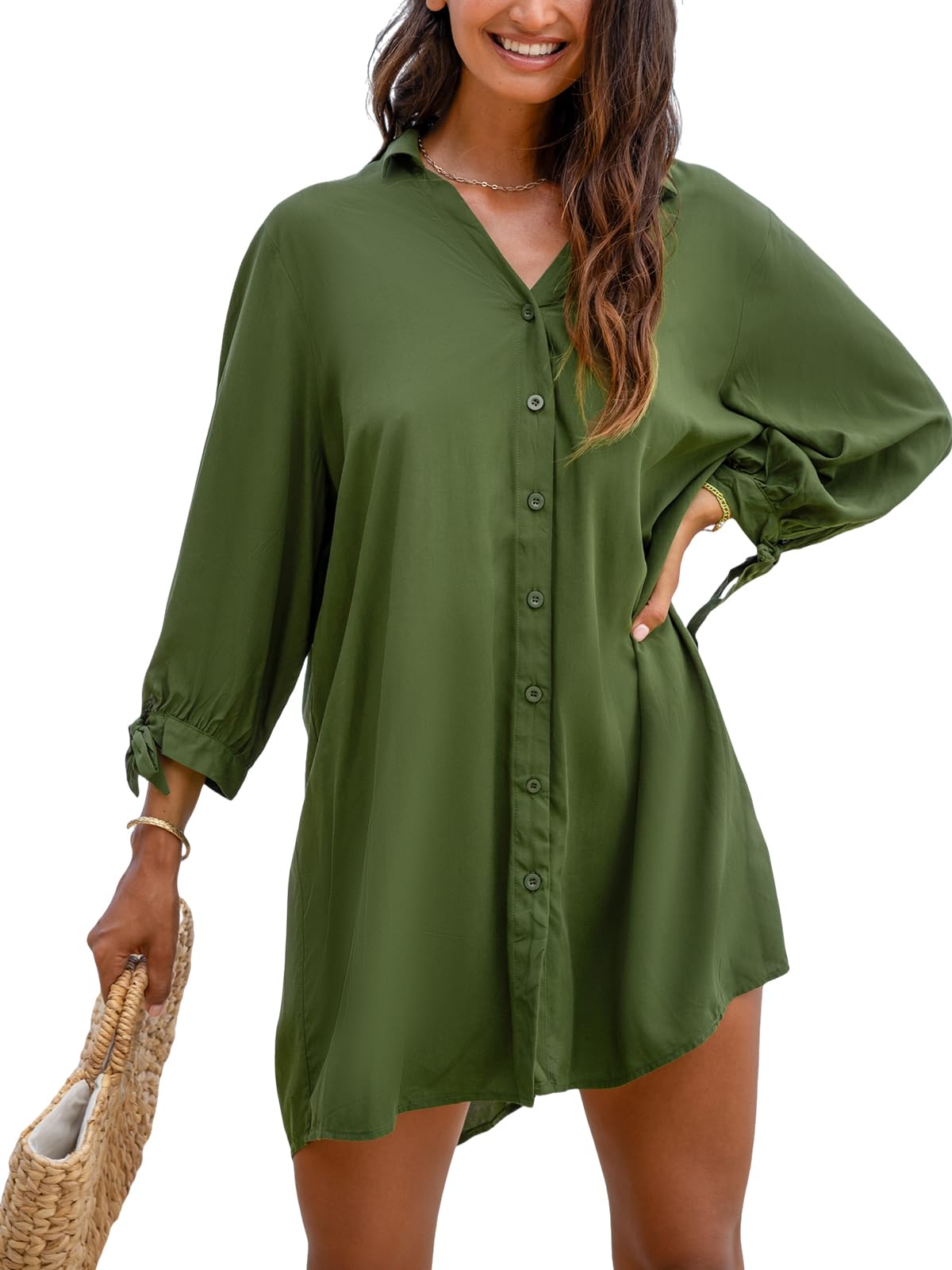 Women Shirt Mini Beach Cover Up Dress 3/4 Sleeve Cuff Tie Button Down Summer Dresses Cover Ups Vacation-image-46