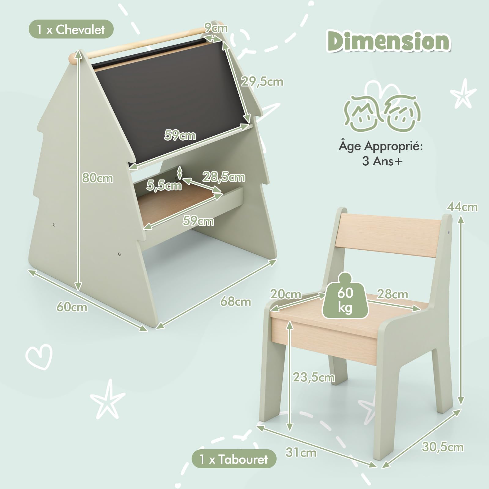 COSTWAY Tableau Enfant Double Face avec Chaise & Forme d’arbre, Chevalet Enfant en Bois avec Plateau de Rangement & Support Supérieur, Charge 10/60kg pour 2 Enfants de 3 Ans+