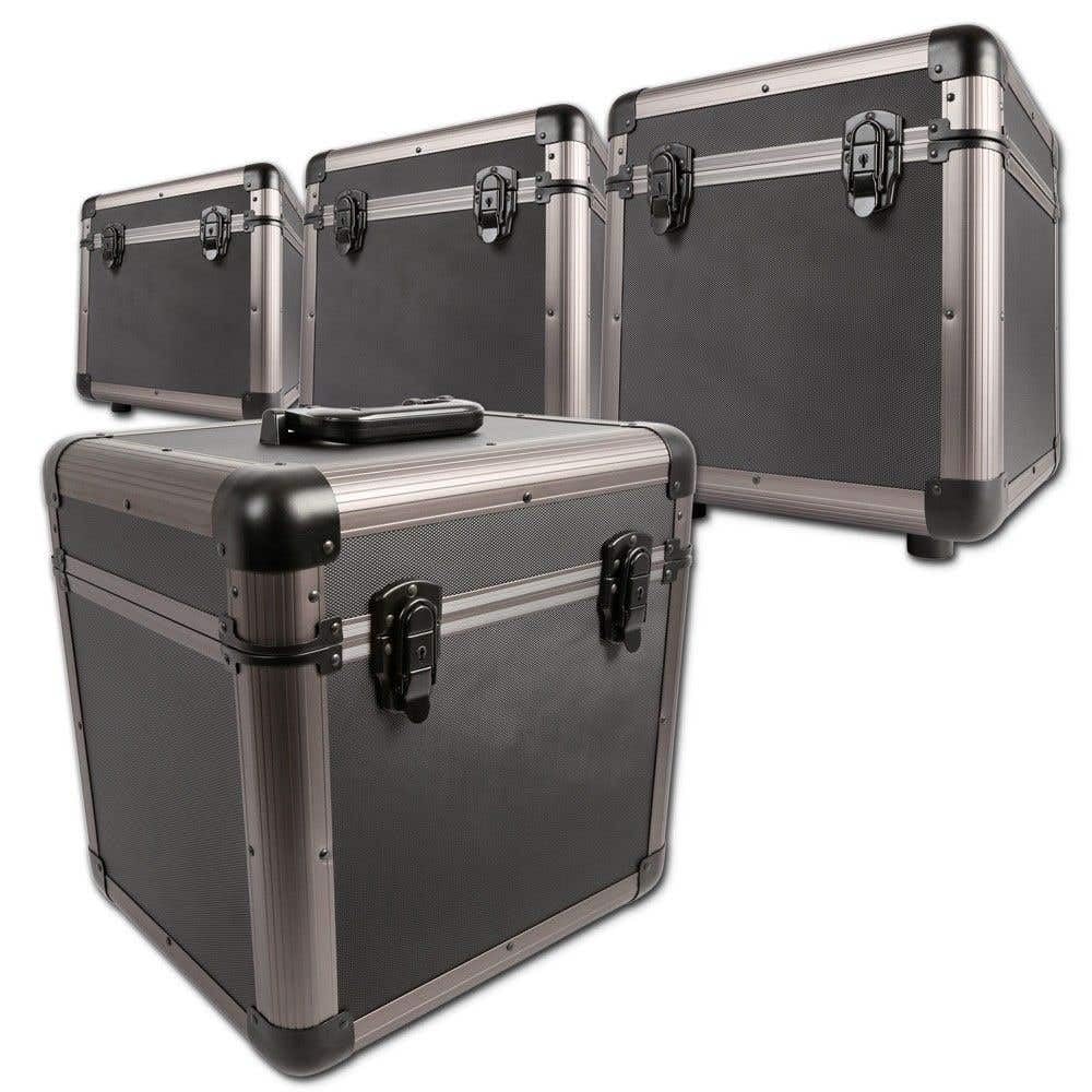 Power Dynamics RC100 Set de 4 Estuches para Discos de Vinilo LP en Titanio, con Tapas Desmontables, Capacidad Total 1200 LPs, Transporte Seguro y Almacenamiento Profesional