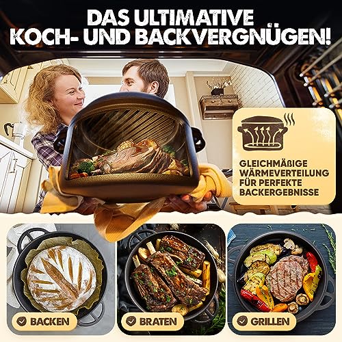 Foto von Gusseisen Topf Brotbackform mit Gärkorb & Bäckermesser- 26cm Schmortopf Gusseiserner mit Deckel, Gusseisentopf Brot Backen Brottopf Bräter, Brotbacktopf, Dutch Oven Töpfe Gusseisenpfanne Kochtopf