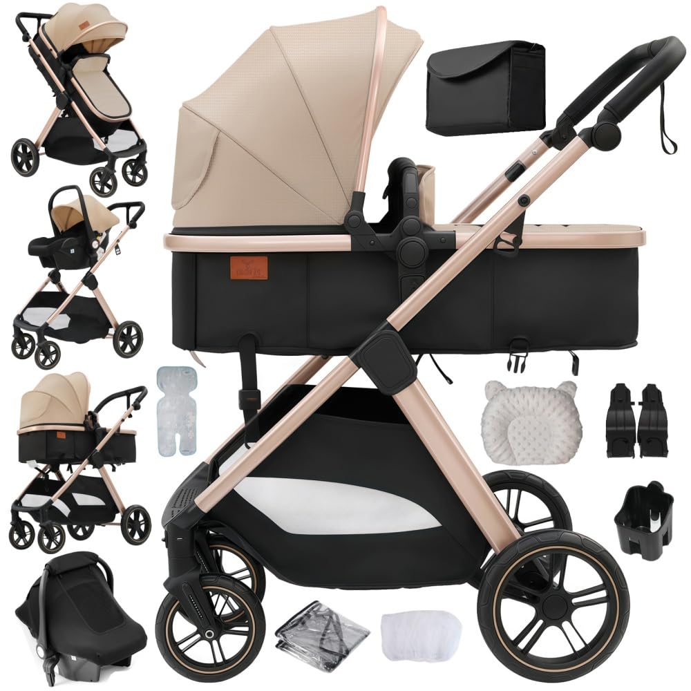3-in-1 Foldable Travel System Pushchair with Carrycot,Beige