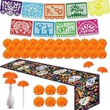 Decoraciones para el Día de los Muertos y Ofrenda para Altar, 2 piezas de Papel Picado, Camino de mesa mexicano de lino,...