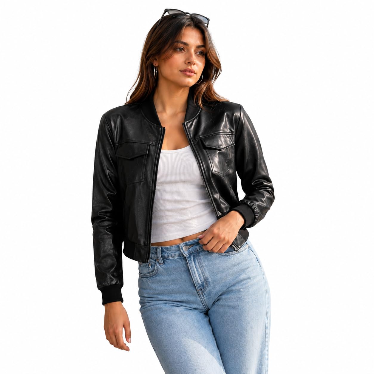 Women's Black Faux Leather Cropped Bomber Jacket with Chest Pockets-picture-22