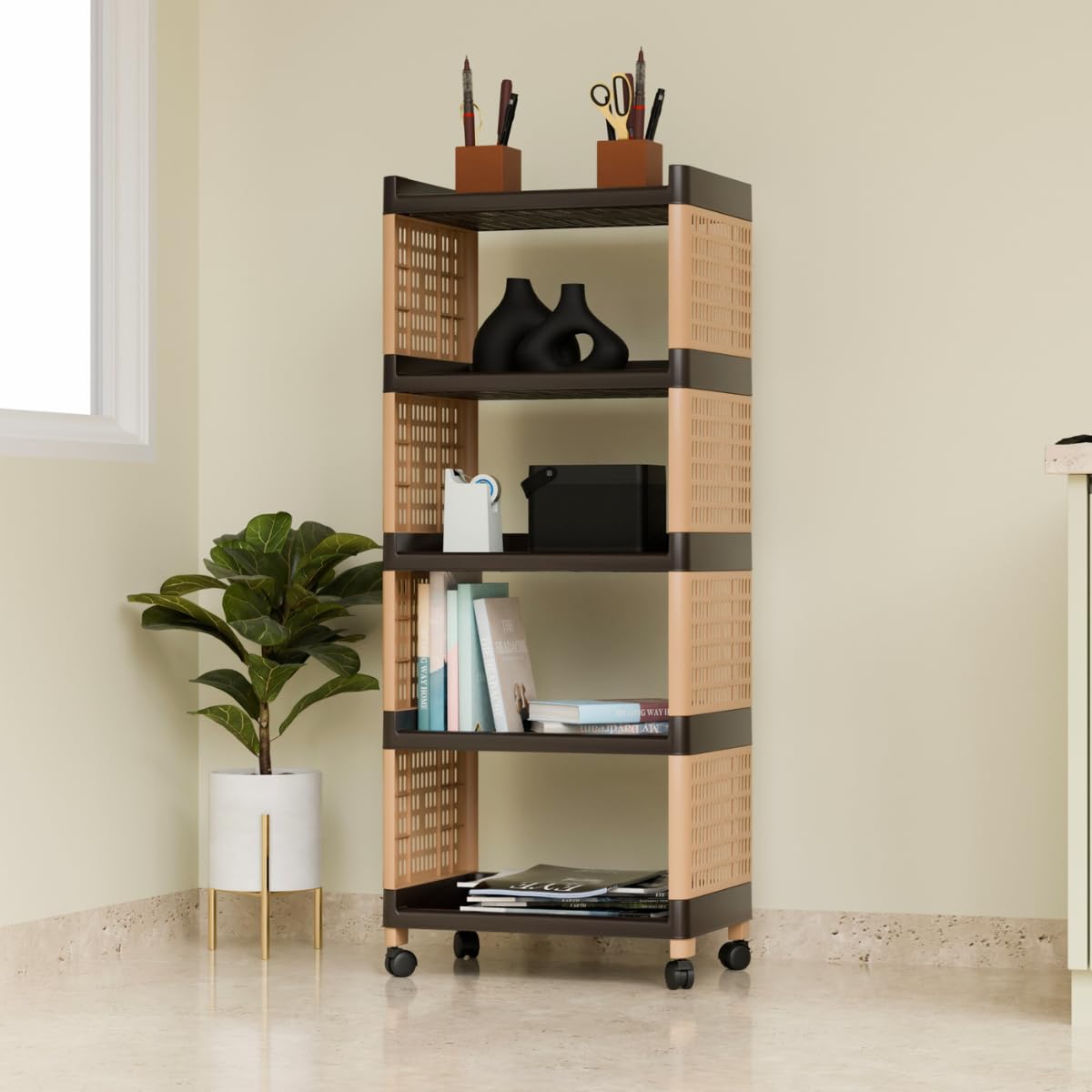 Biltoxi Multi-Purpose Trolley, Rolling Storage Rack, Plastic Storage Cart, Wheeled Organizer Stand Ideal for Kitchen, Office and Bathroom Organization (2 Layer, Brown and Ivory)-image-34