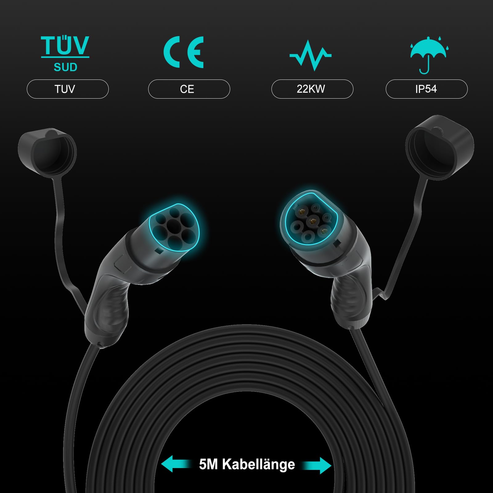 BENY Typ 2 Ladekabel 22kW 32A, Verlängerungskabel 5m, für EV & PHEV, E-Auto Ladekabel mit Tragetasche, 3-Phasig, IP54, IEC 62196-2