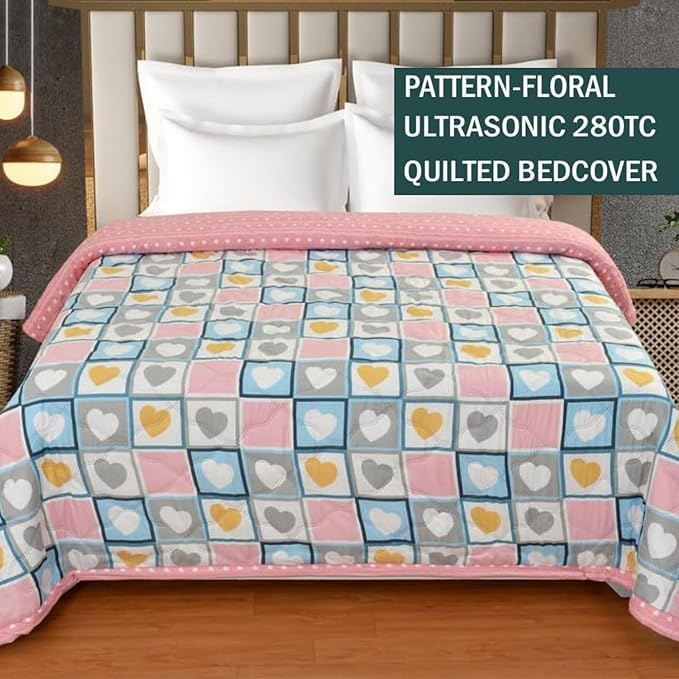 Image of Summer Blanket 100% Cotton Reversible Ac Comforter and Cooling | Classic Printed Design | Quilt | Dohar Single /Double Bed Quilt Ideal for Gifting (Heart Flower Print, Double BE)