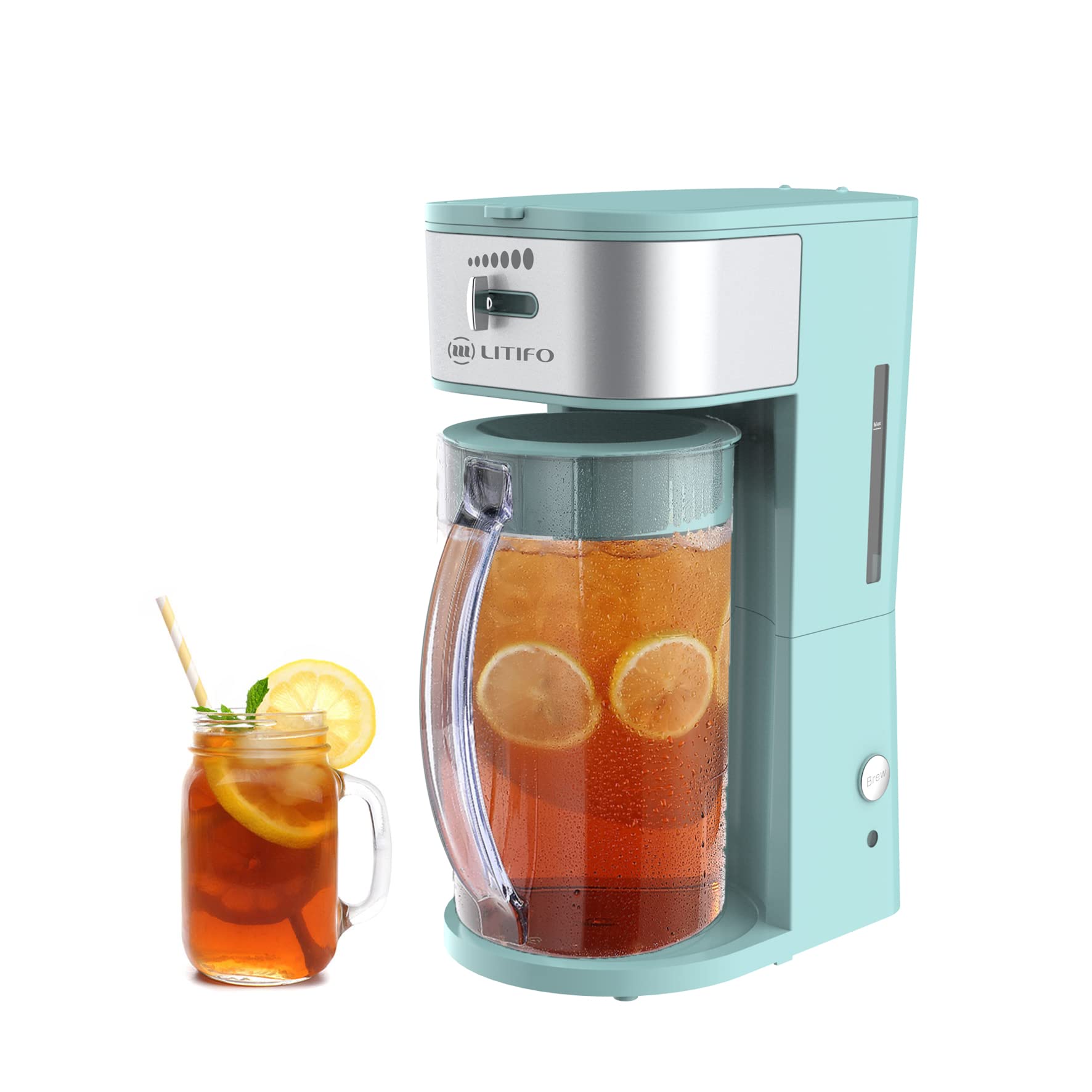 litifo iced tea maker and iced coffee maker brewing system with 2-quart pitcher sliding strength selector for taste customization stainless steel green