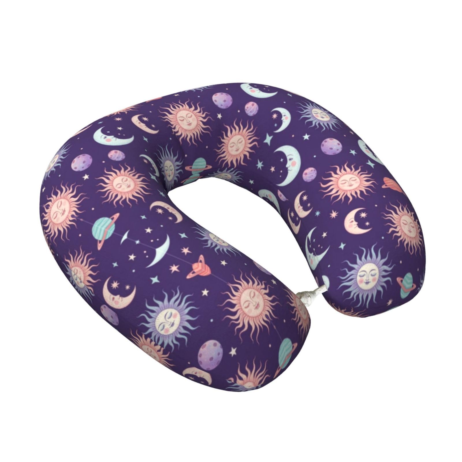 U-Shaped Travel Neck Support, Memory Foam Pillow Purple Galaxy Night Star Sky Trippy Sun and Moon for Comfort on Airplanes, Cars, and at Home
